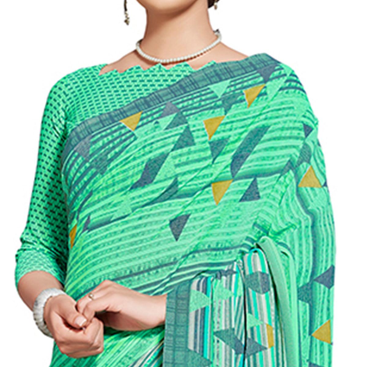 Jazzy Aqua Blue Colored Casual Printed Georgette Saree - Peachmode
