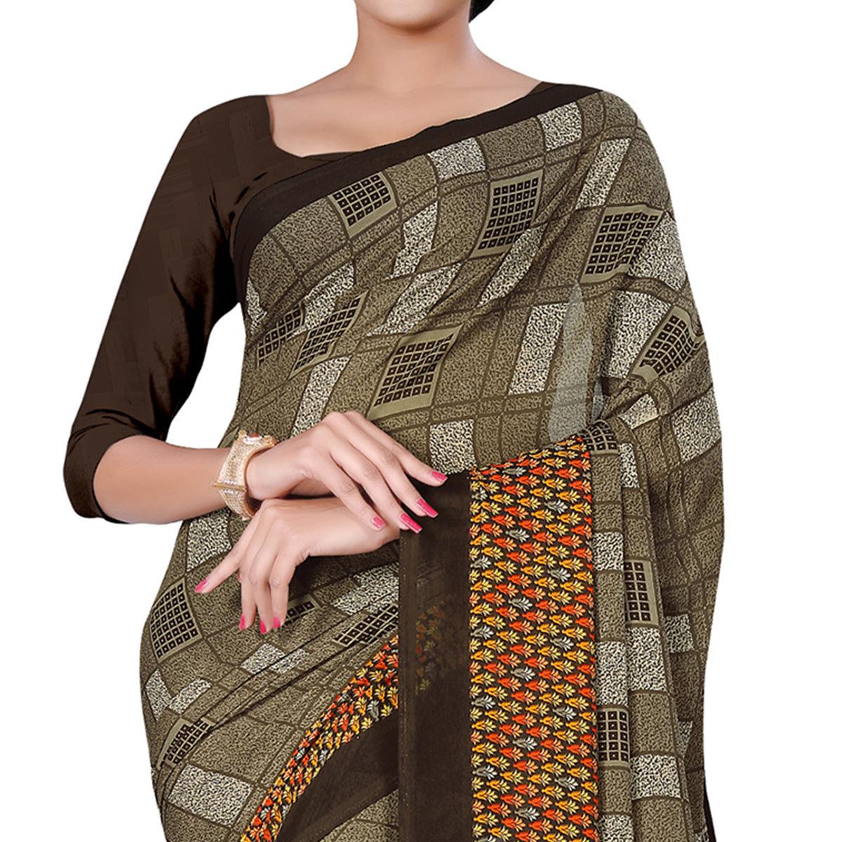Jazzy Army Green Colored Casual Wear Printed Georgette Saree - Peachmode