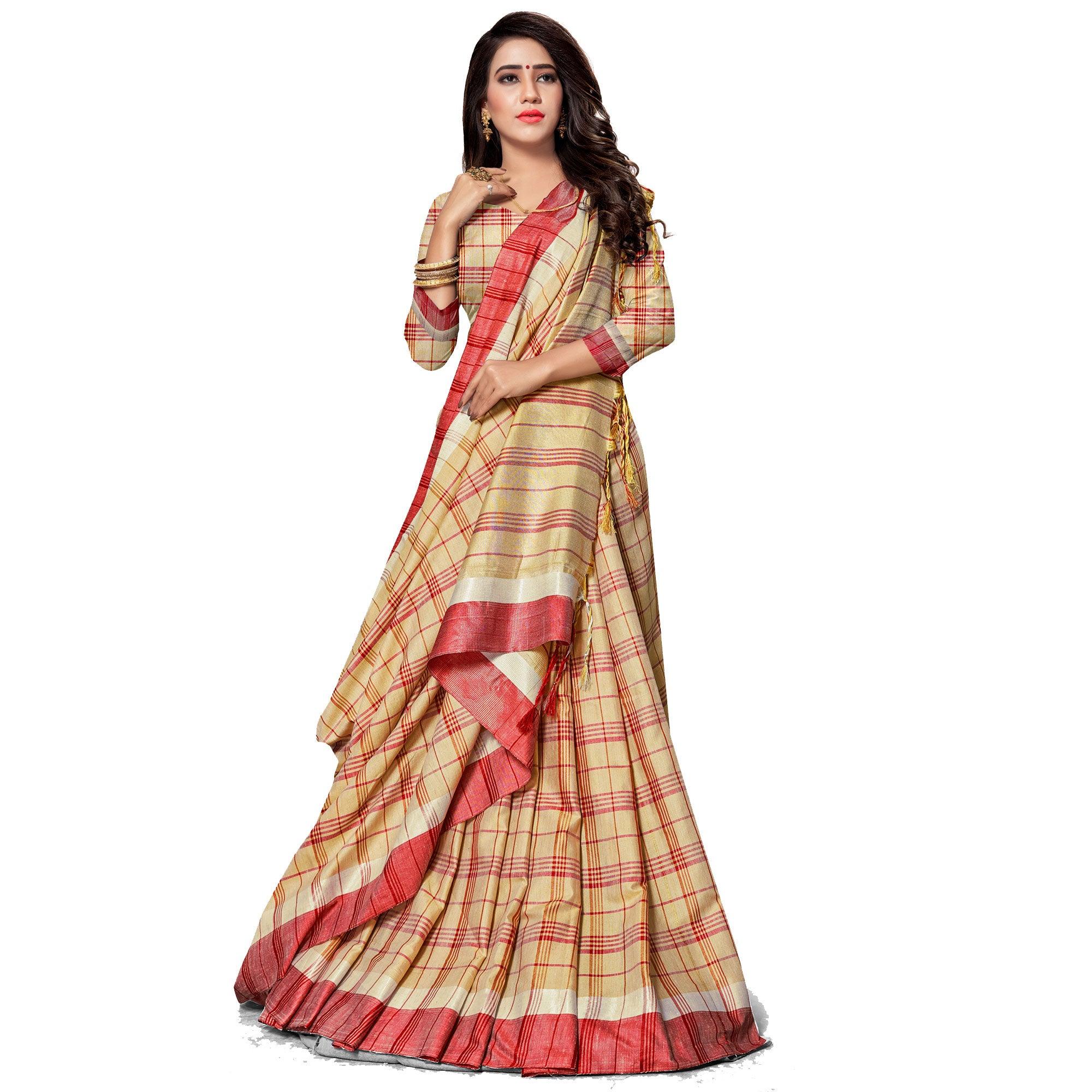 Jazzy Beige Colored Fesive Wear Stripe Print Cotton Silk Saree With Tassels - Peachmode