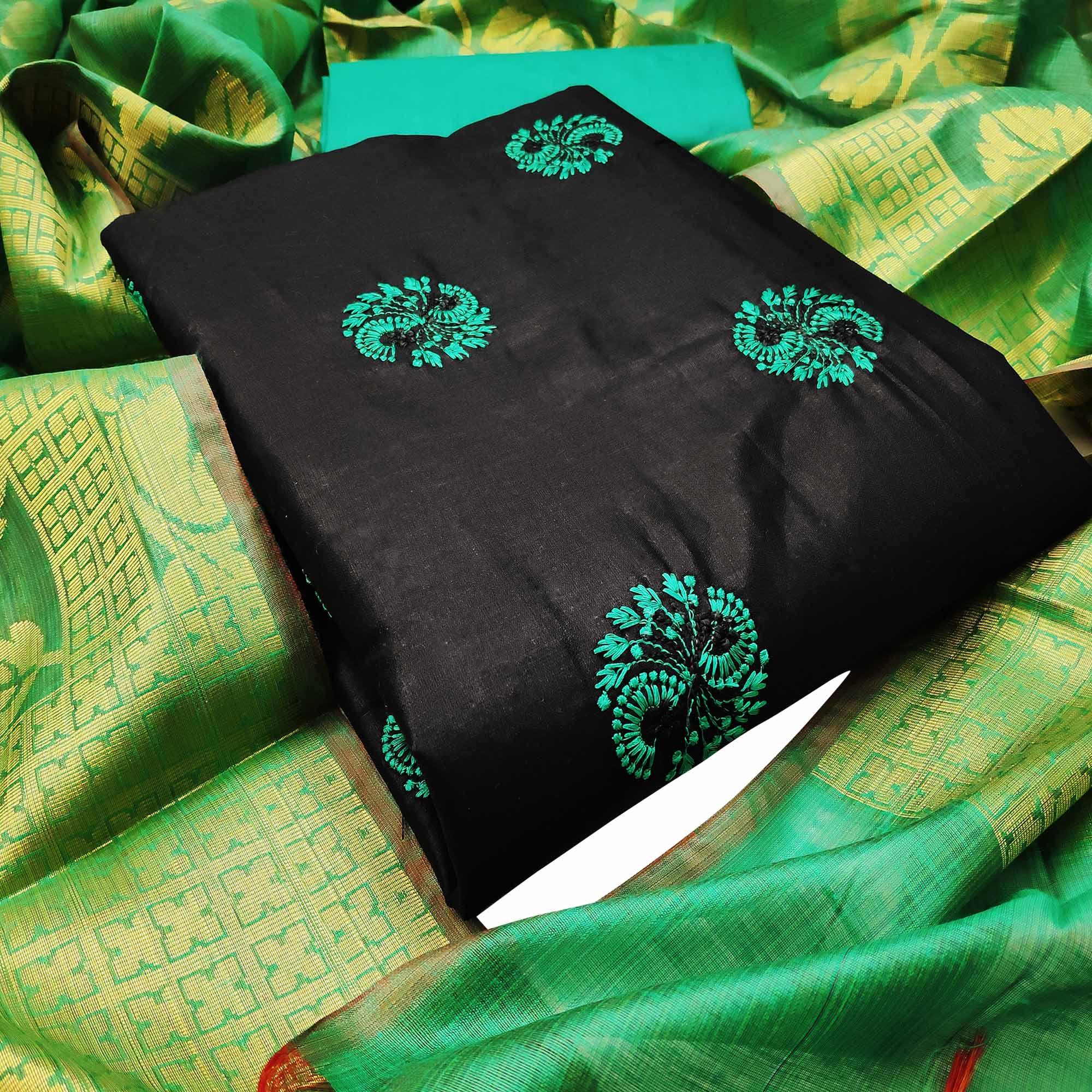 Jazzy Black Colored Casual Wear Embroidered Cotton Dress Material With Banarasi Silk Dupatta - Peachmode