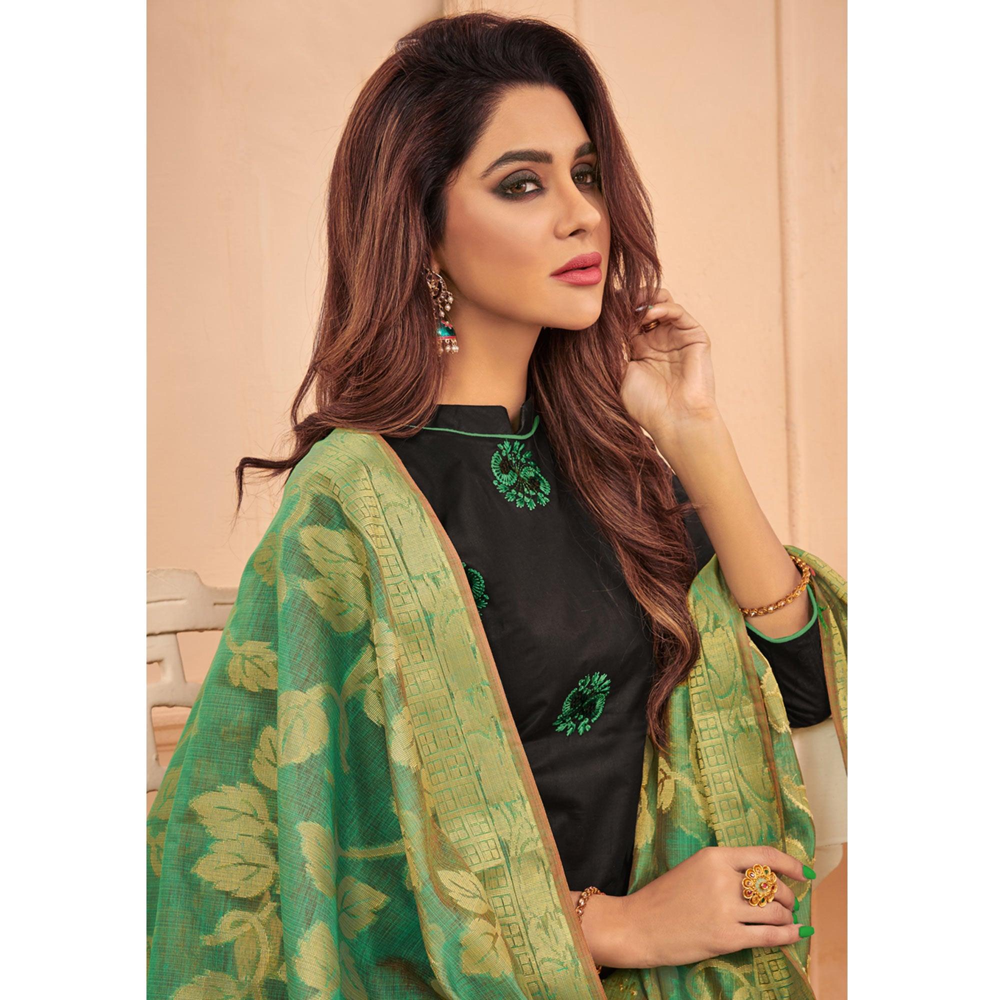 Jazzy Black Colored Casual Wear Embroidered Cotton Dress Material With Banarasi Silk Dupatta - Peachmode