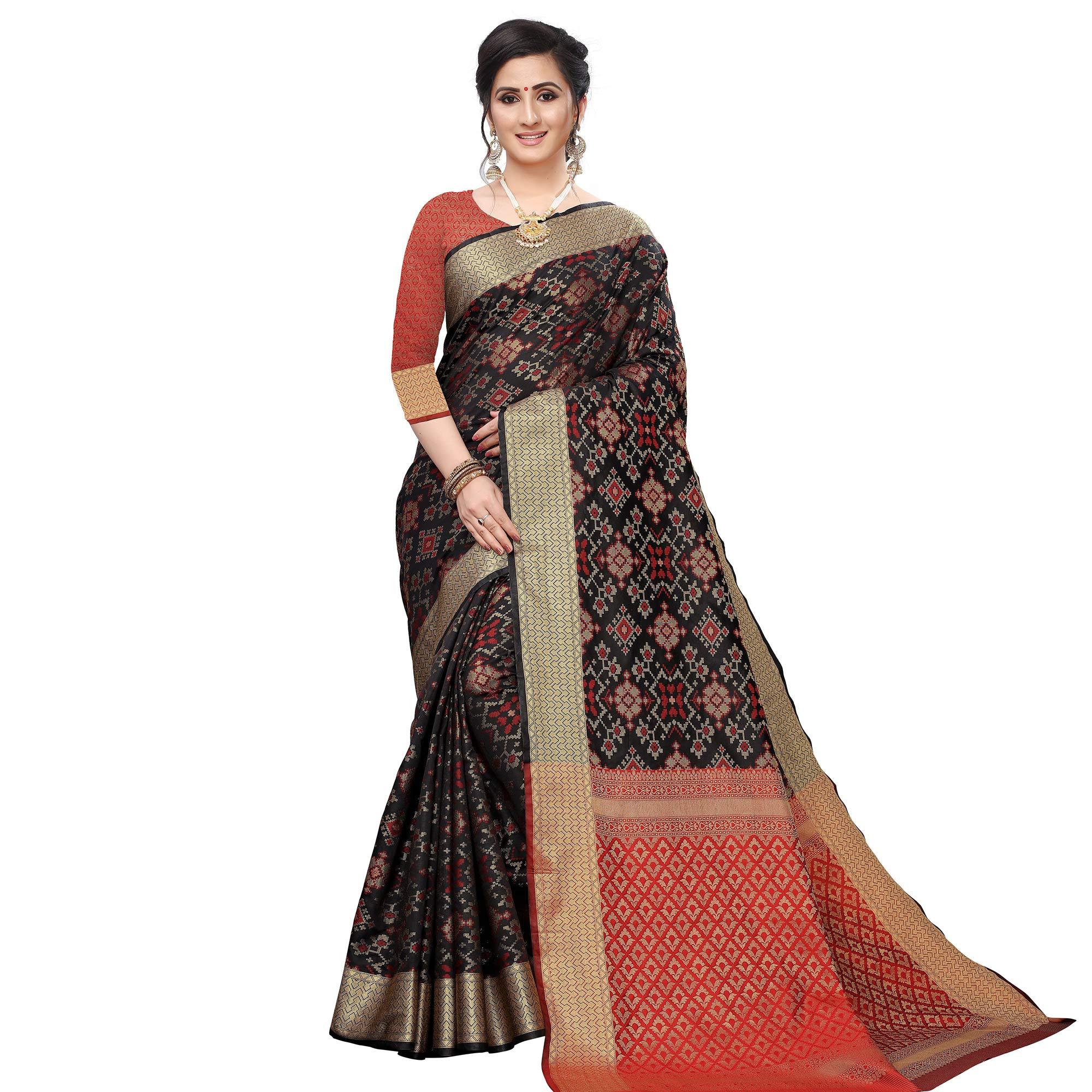 Jazzy Black Colored Festive Wear Woven Kanjivaram Silk Saree - Peachmode