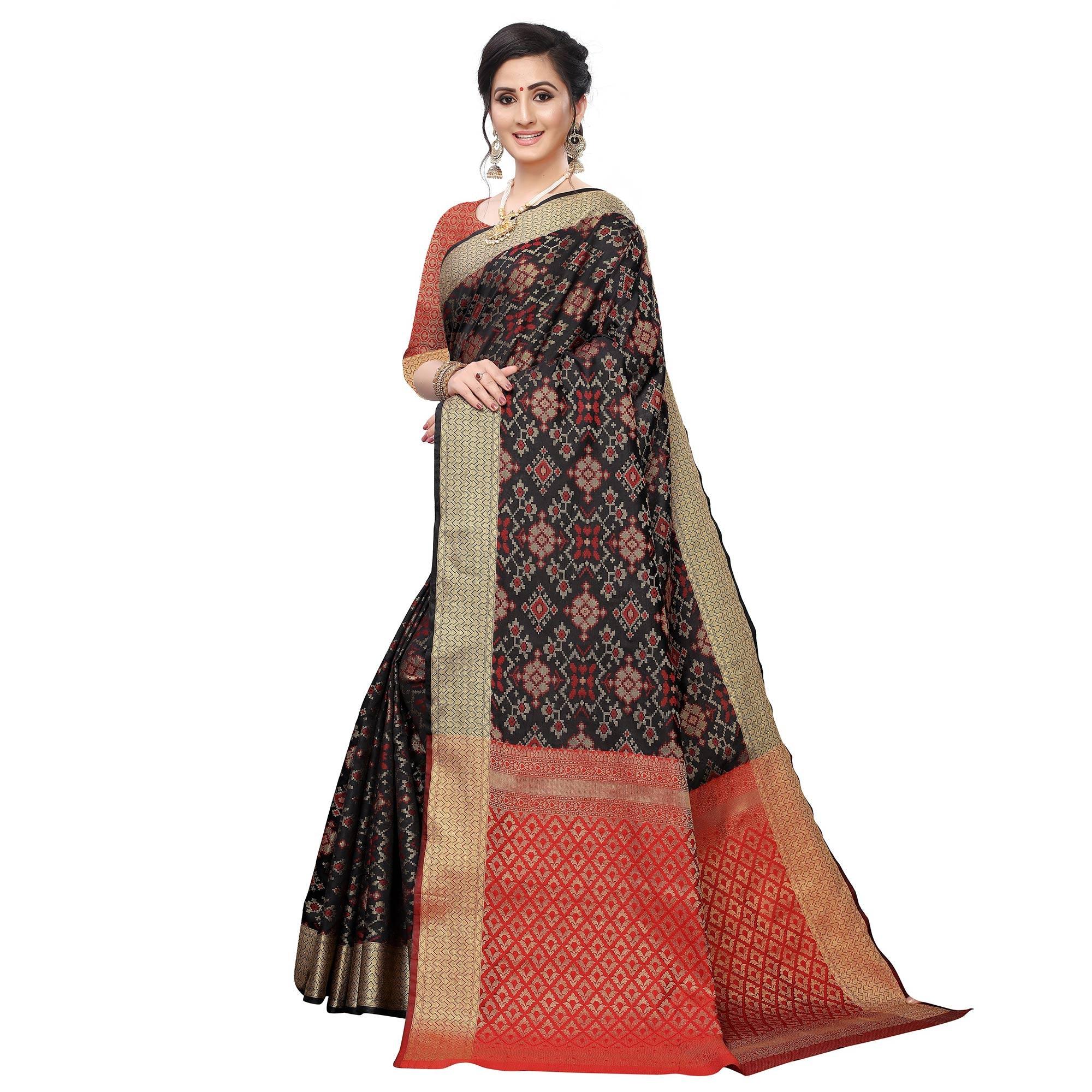 Jazzy Black Colored Festive Wear Woven Kanjivaram Silk Saree - Peachmode