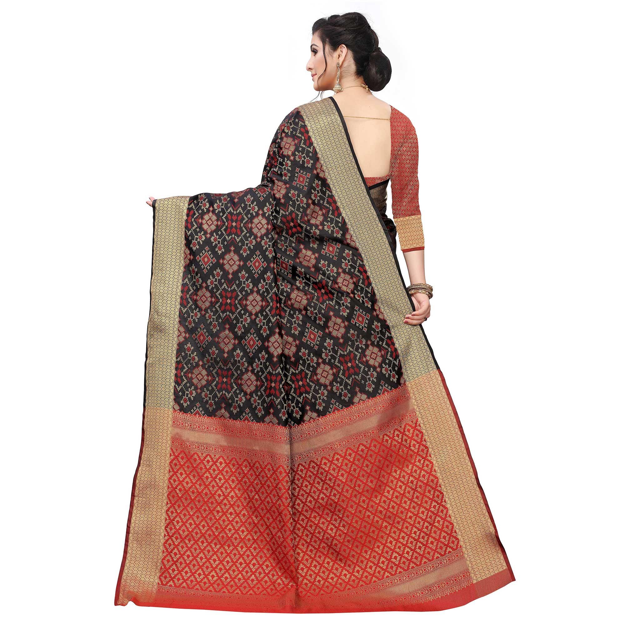 Jazzy Black Colored Festive Wear Woven Kanjivaram Silk Saree - Peachmode