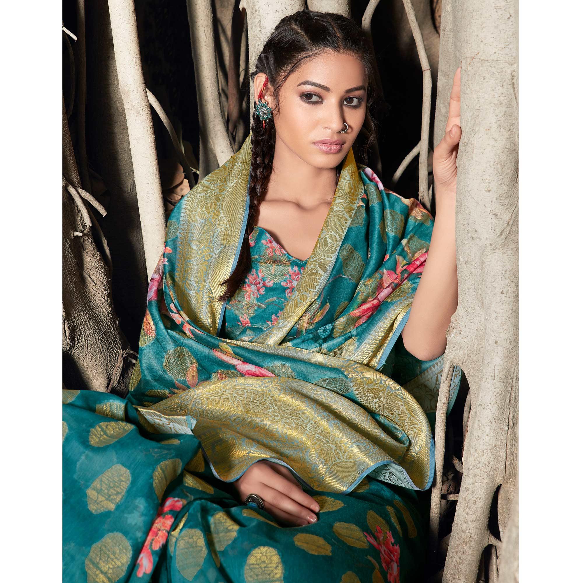 Jazzy Blue Colored Festive Wear Digital Printed Soft Linen Saree - Peachmode