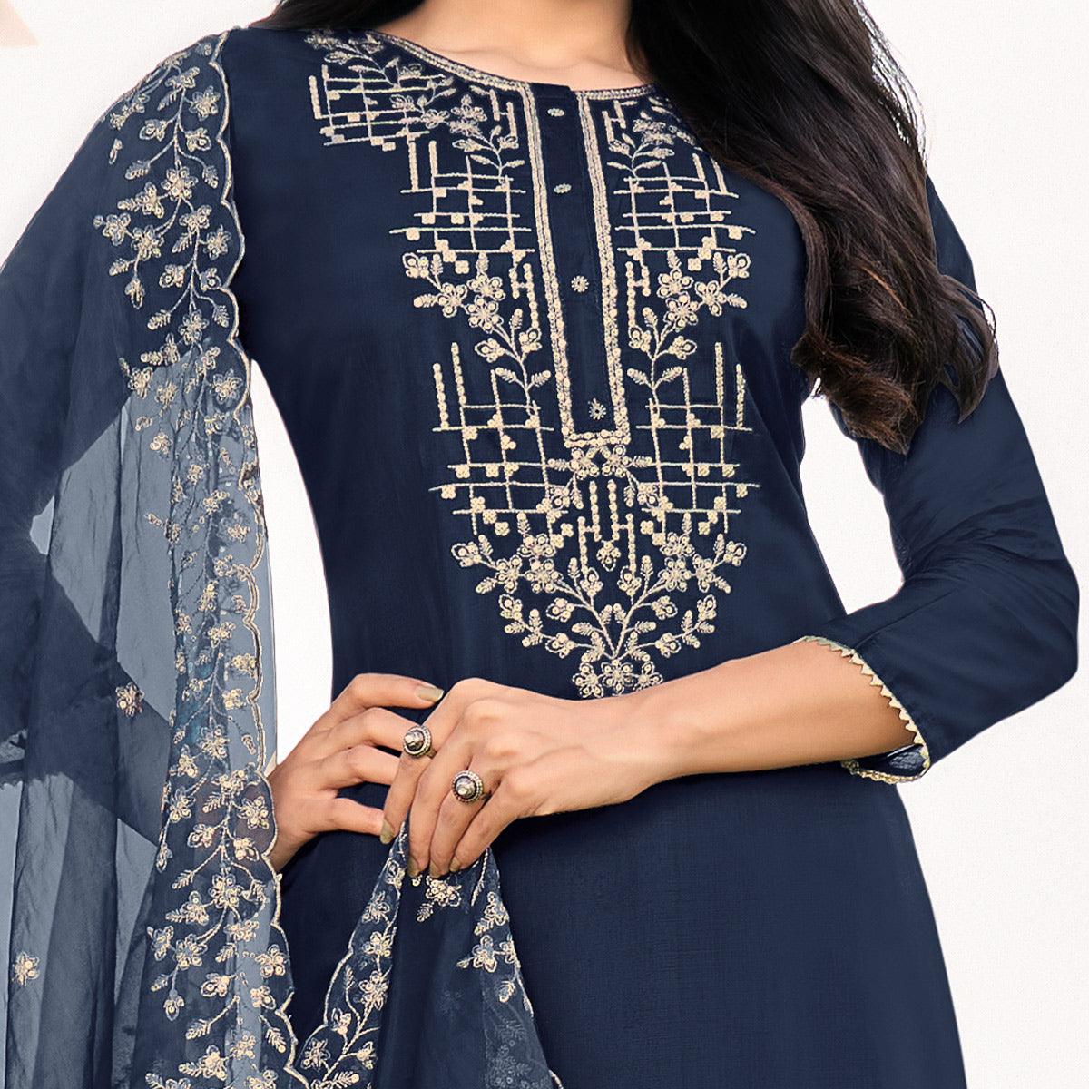 Jazzy Blue Colored Festive Wear Embroidered Art Silk Dress Material - Peachmode
