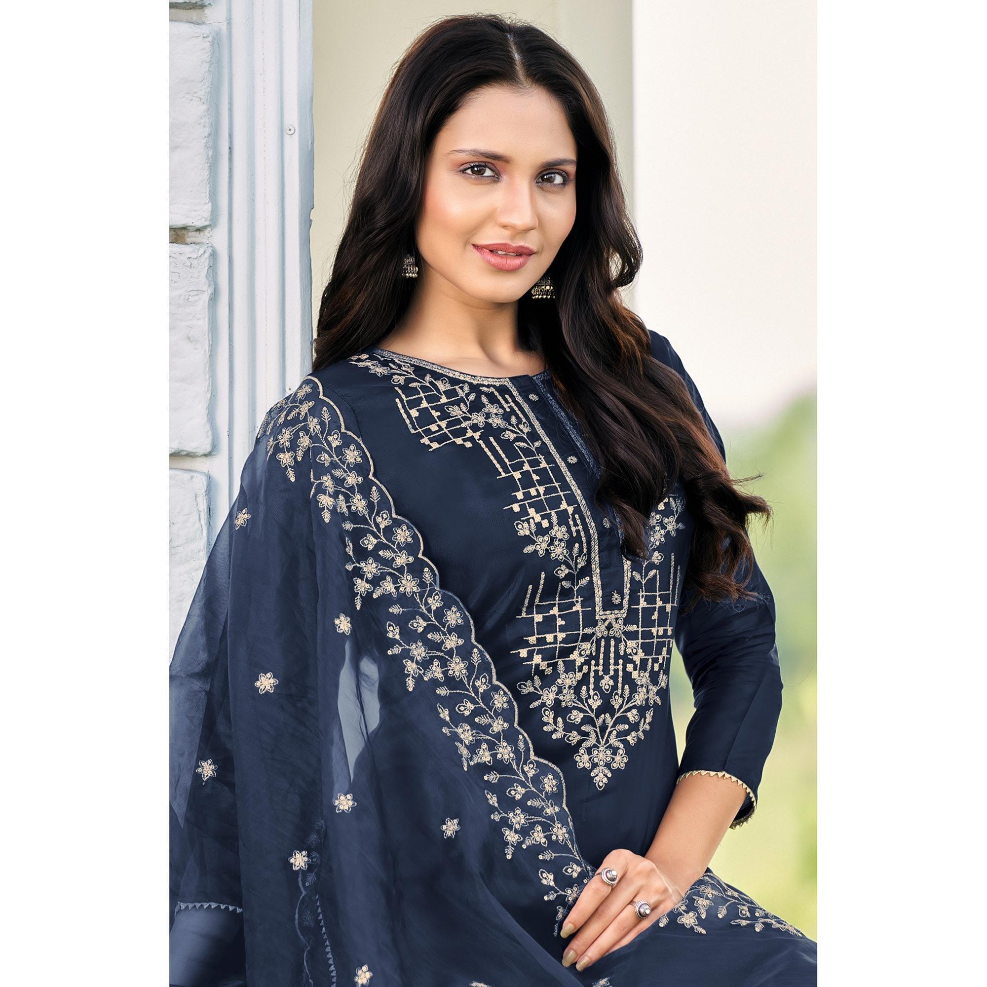 Jazzy Blue Colored Festive Wear Embroidered Art Silk Dress Material - Peachmode