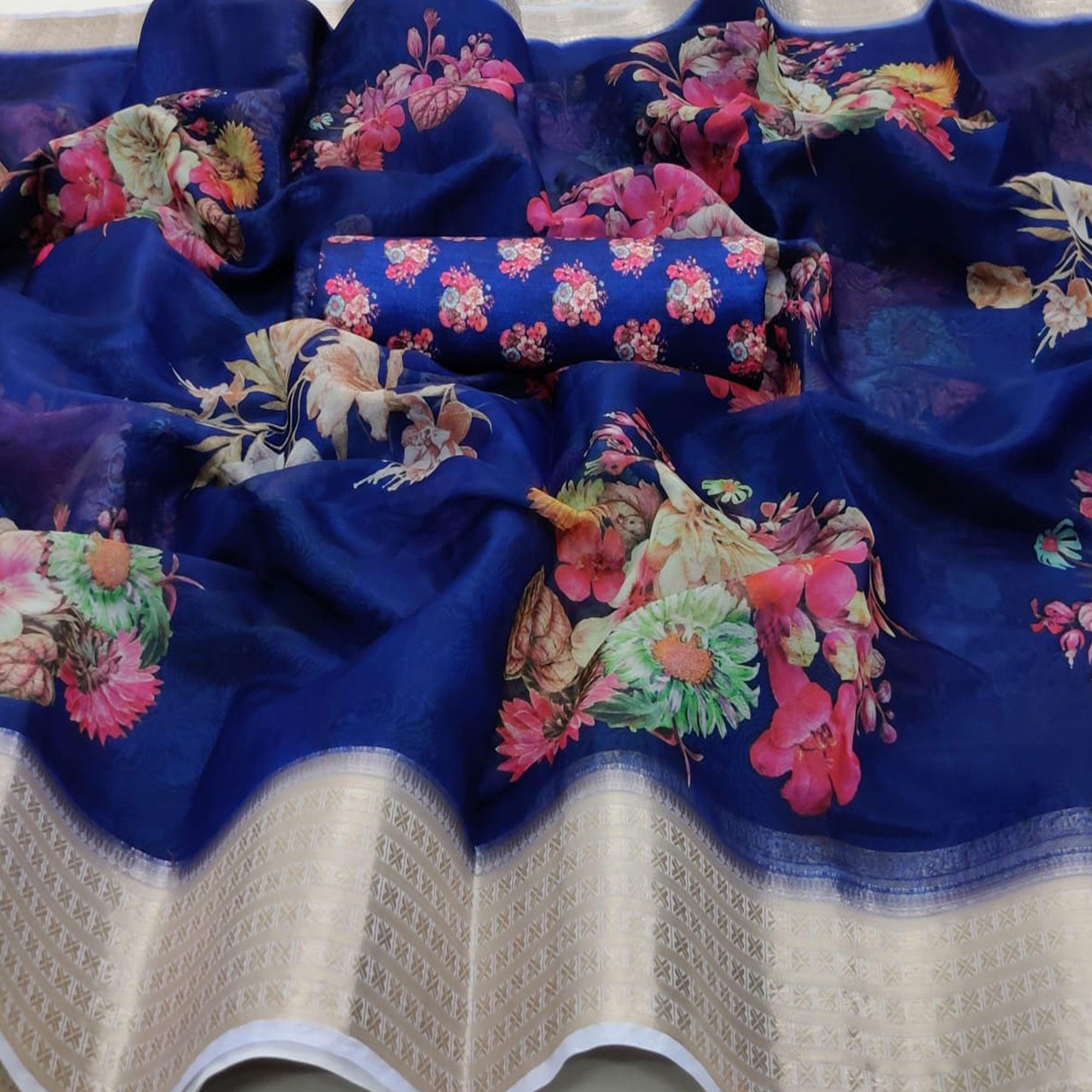 Jazzy Blue Colored Partywear Digital Printed Georgette Saree - Peachmode