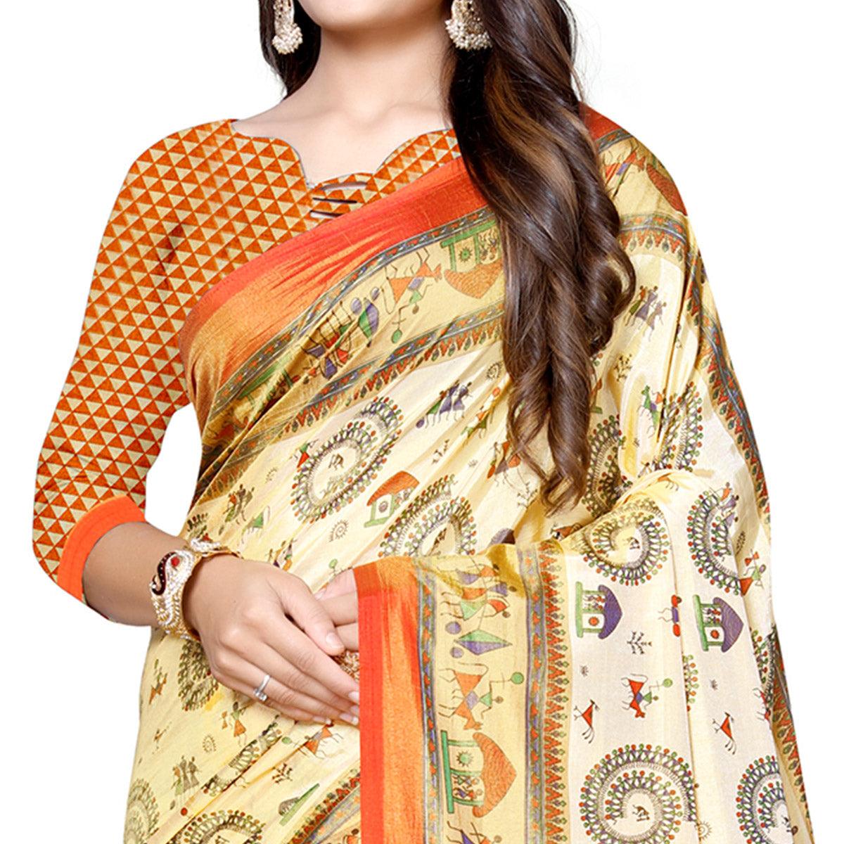 Jazzy Cream-Orange Colored Casual Printed Art Silk Saree - Peachmode