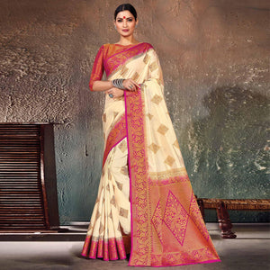 Jazzy Cream-Pink Colored Festive Wear Woven Cotton Silk Saree - Peachmode