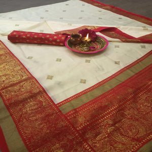 Jazzy Cream-Red Colored Festive Wear Paisely Foli Print Patola Silk Saree - Peachmode