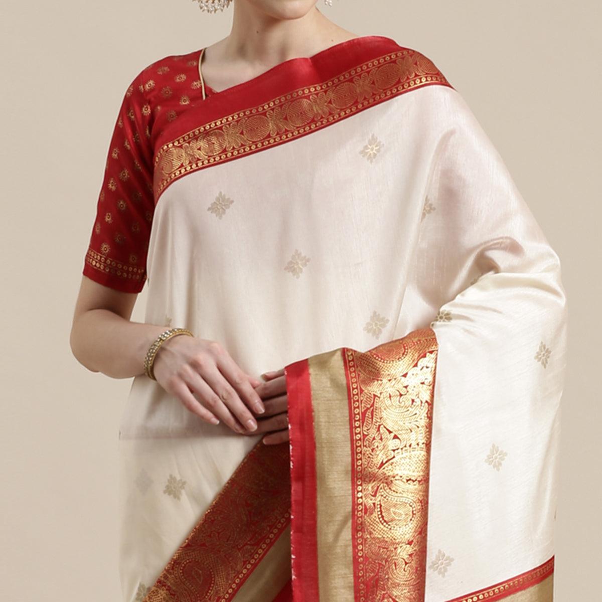 Jazzy Cream-Red Colored Festive Wear Paisely Foli Print Patola Silk Saree - Peachmode