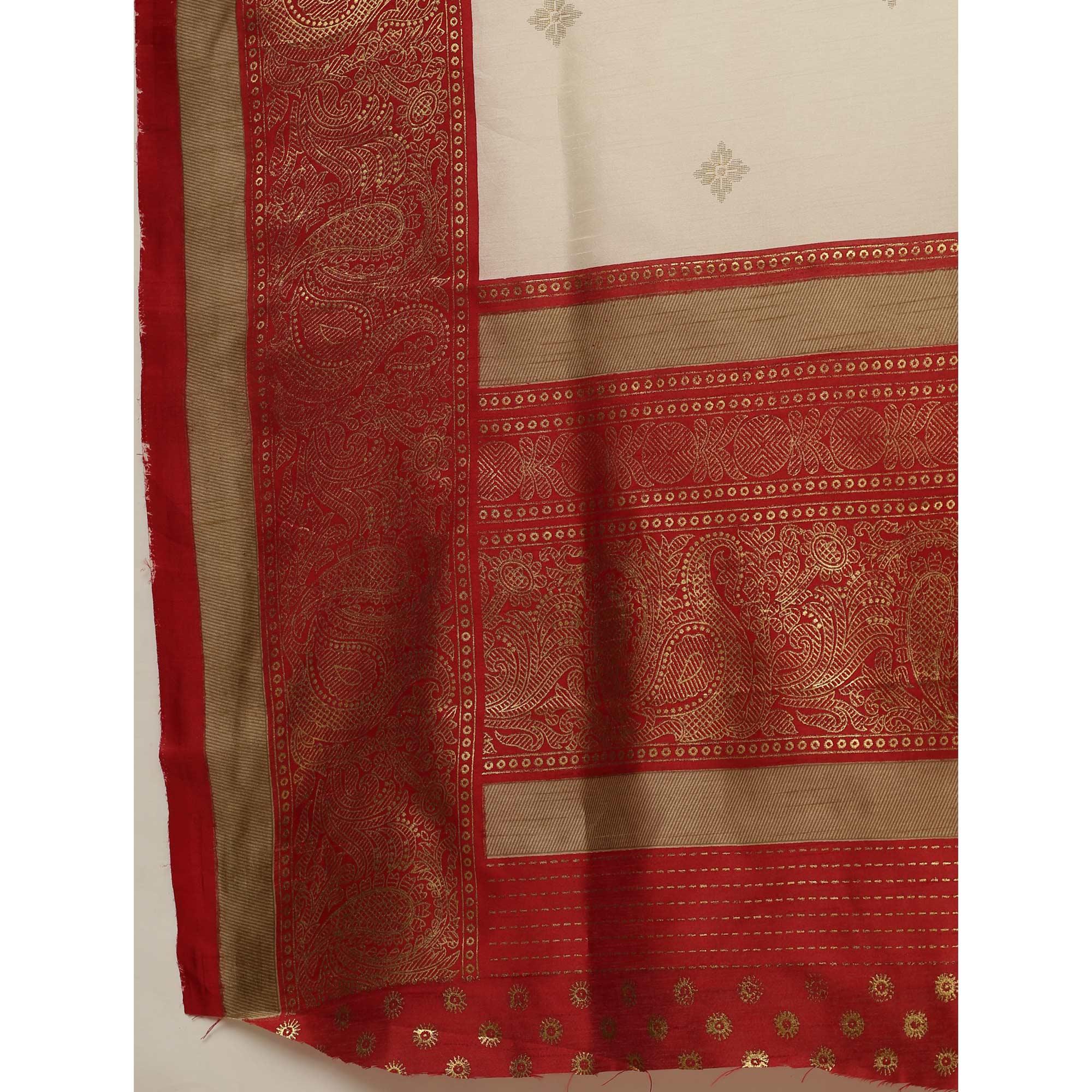 Jazzy Cream-Red Colored Festive Wear Paisely Foli Print Patola Silk Saree - Peachmode