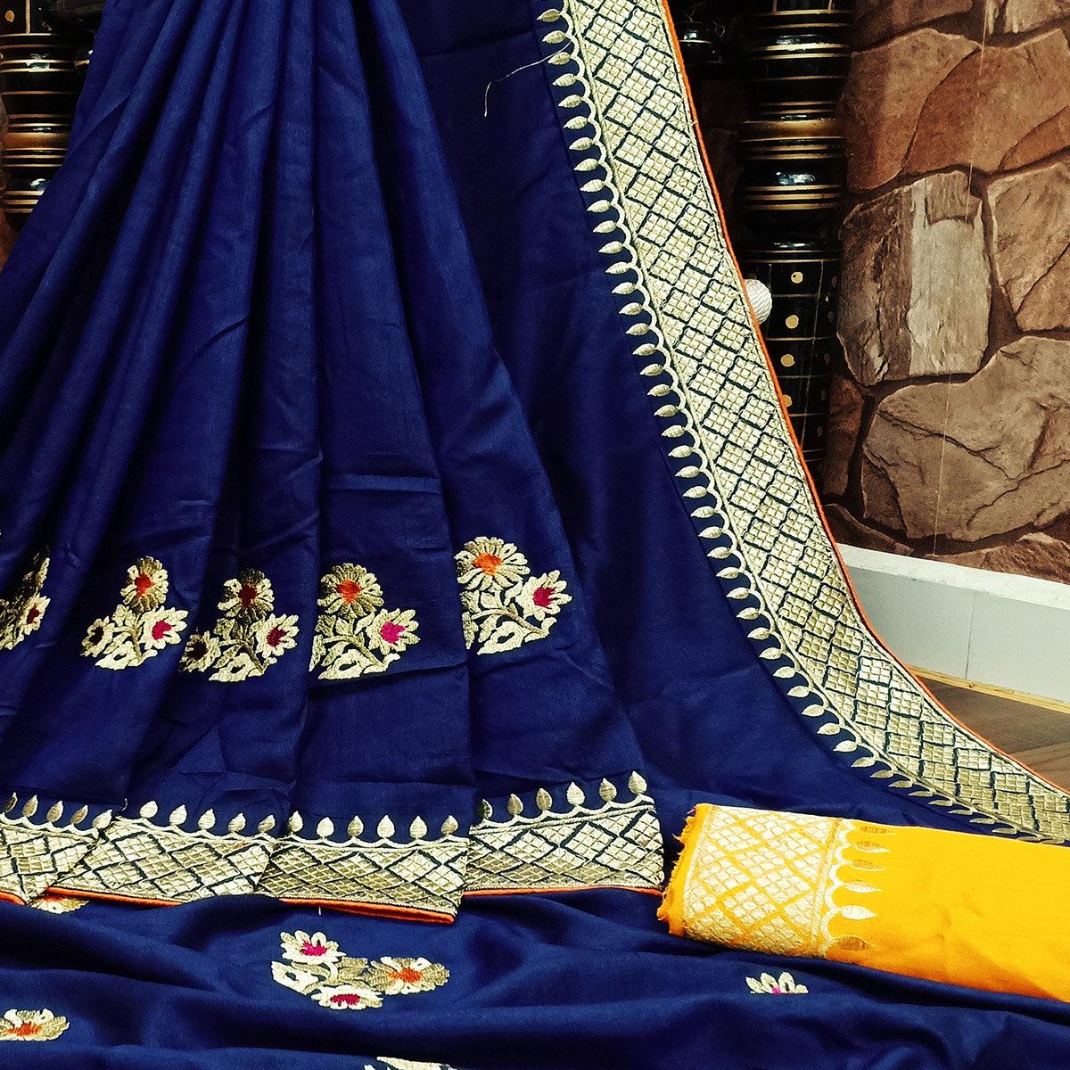 Jazzy Dark Blue Colored Festive Wear Woven Dola Silk Saree - Peachmode