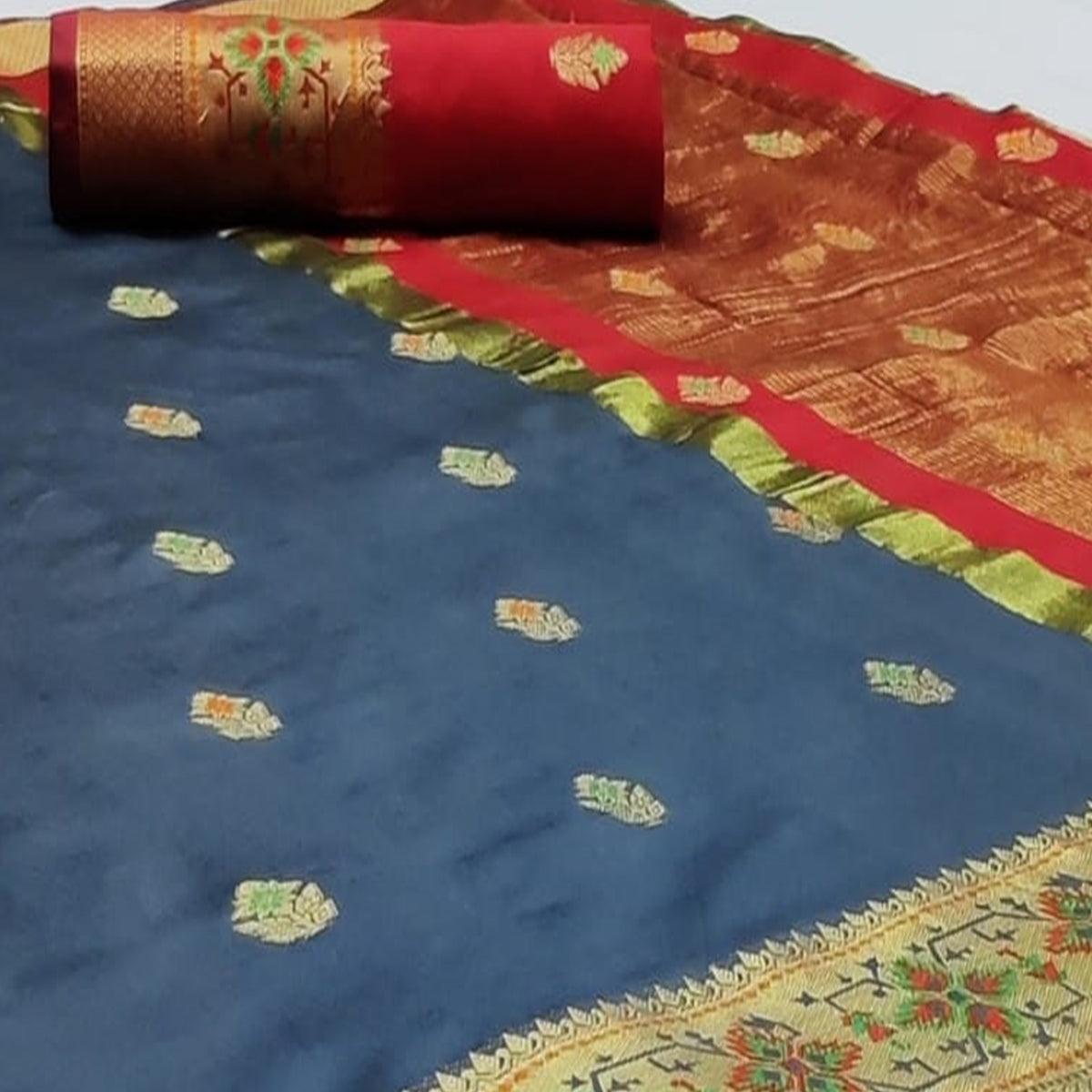 Jazzy Dark Grey Colored Festive Wear Woven Silk Saree - Peachmode