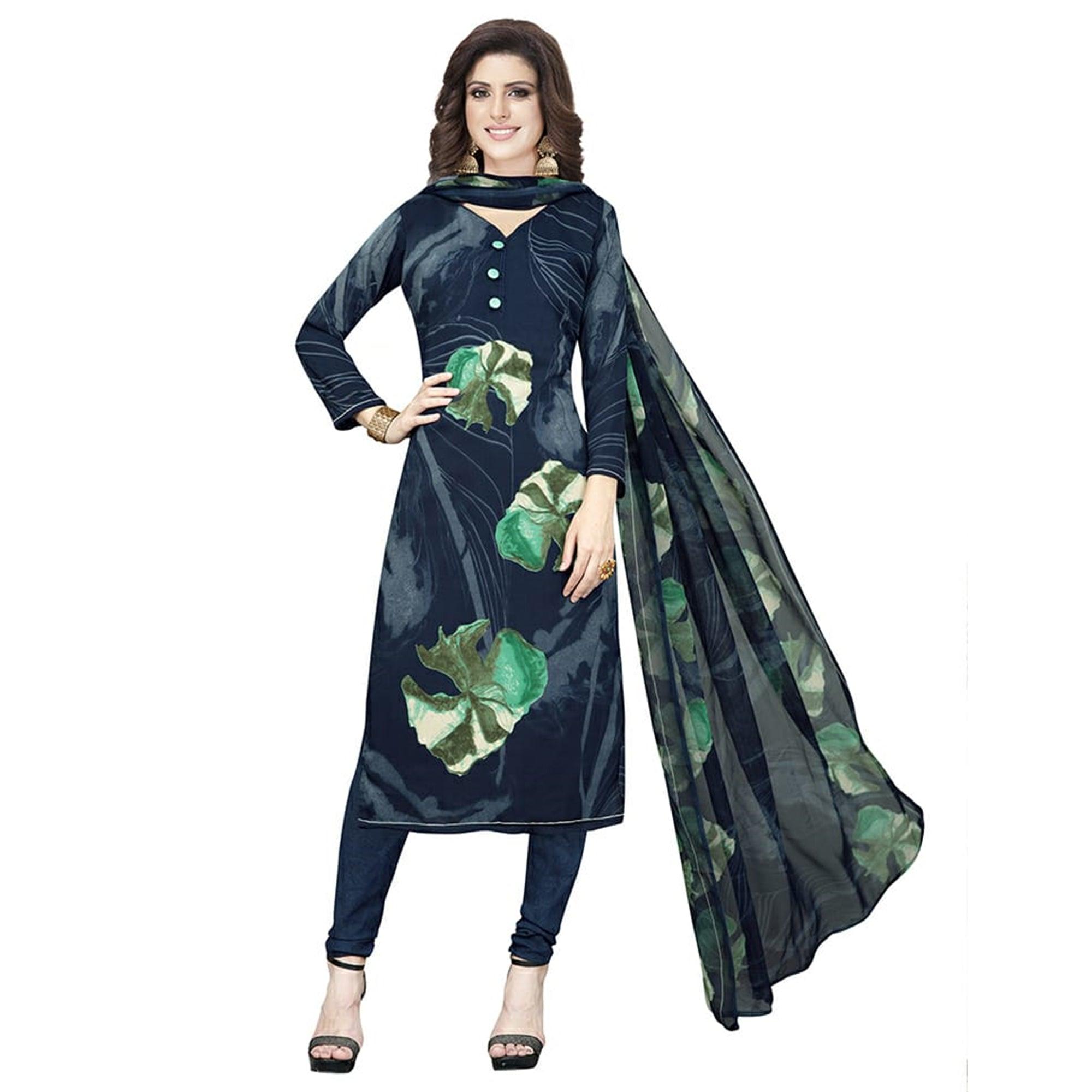 Jazzy Dark Navy Blue Colored Casual Printed Crepe Churidar Dress Material - Peachmode