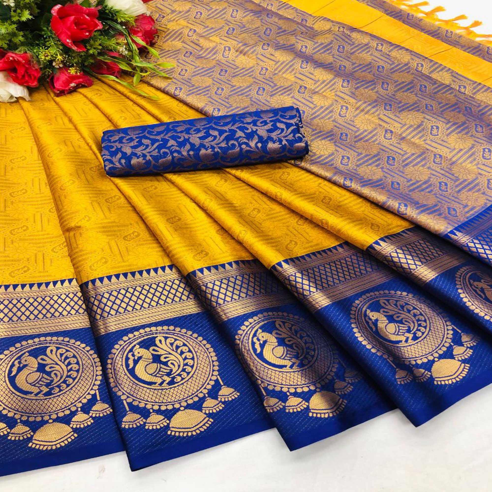 Jazzy Gold Coloured Casual Wear Printed Self Cotton Silk Saree - Peachmode