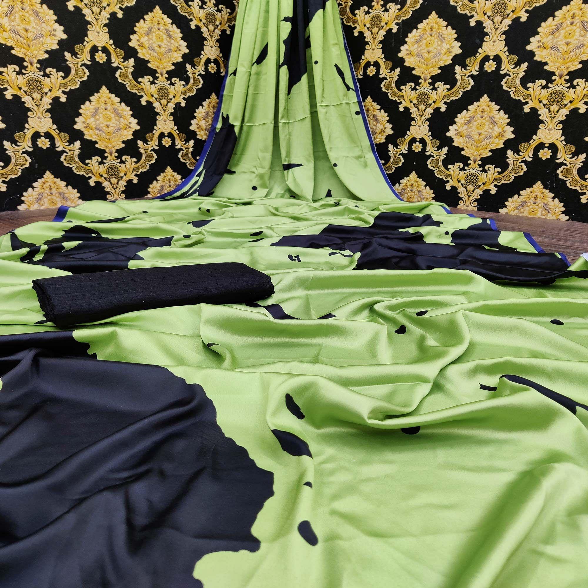 Jazzy Green Colored Casual Wear Digital Printed Satin Saree - Peachmode