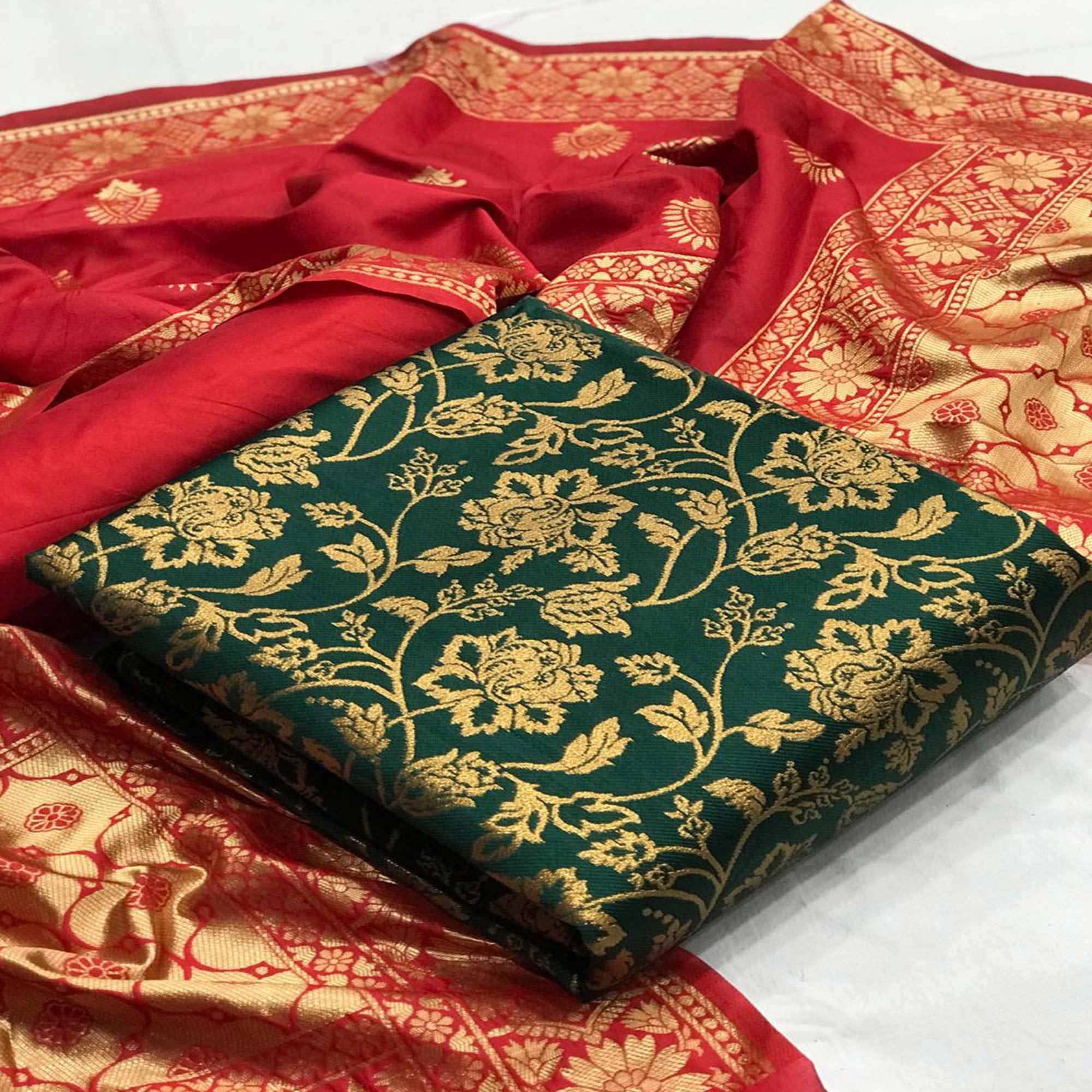 Jazzy Green Colored Casual Wear Woven Banarasi Silk Dress Material - Peachmode