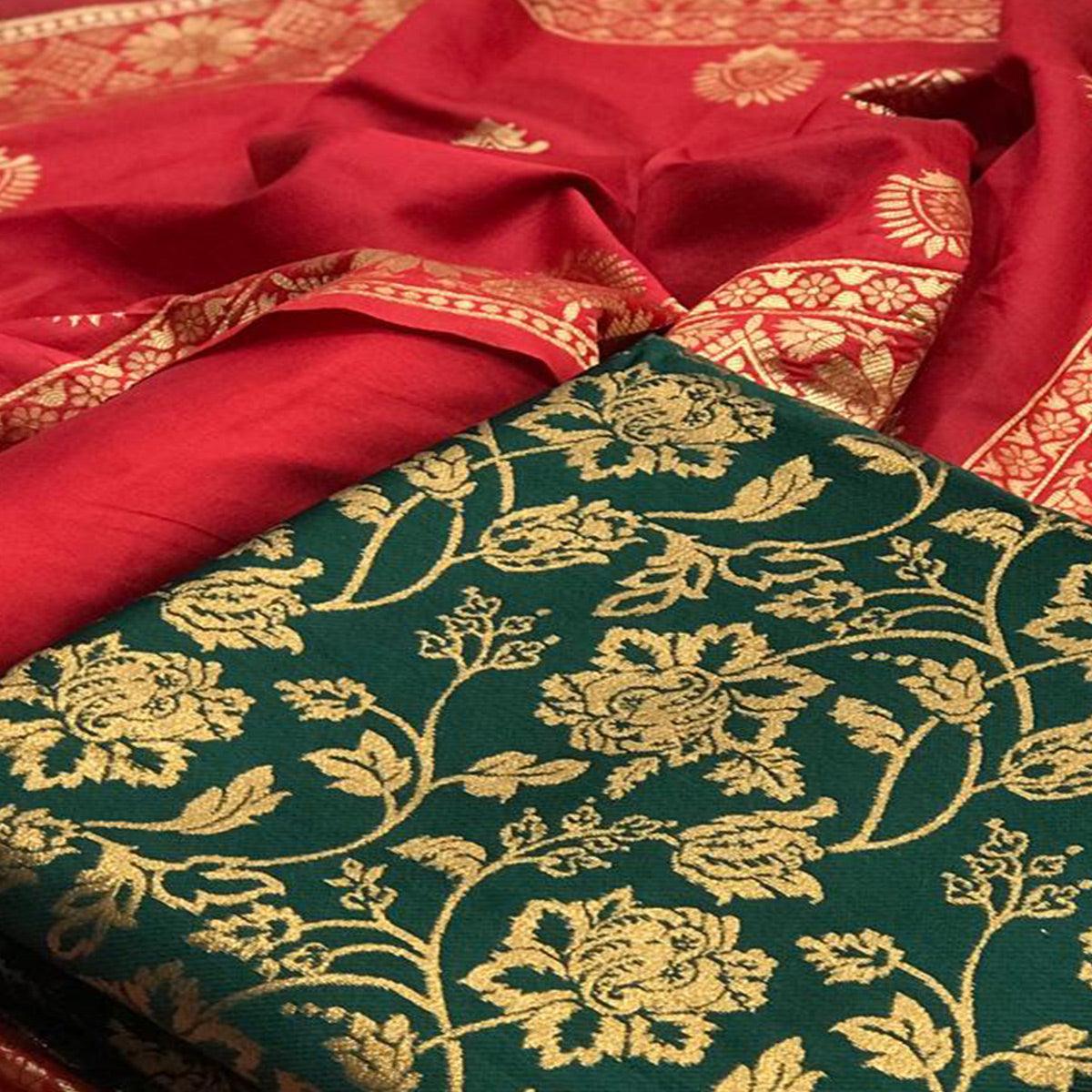 Jazzy Green Colored Casual Wear Woven Banarasi Silk Dress Material - Peachmode