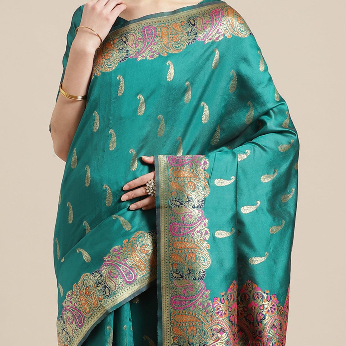 Jazzy Green Colored Festive Wear Woven Silk Blend Saree - Peachmode