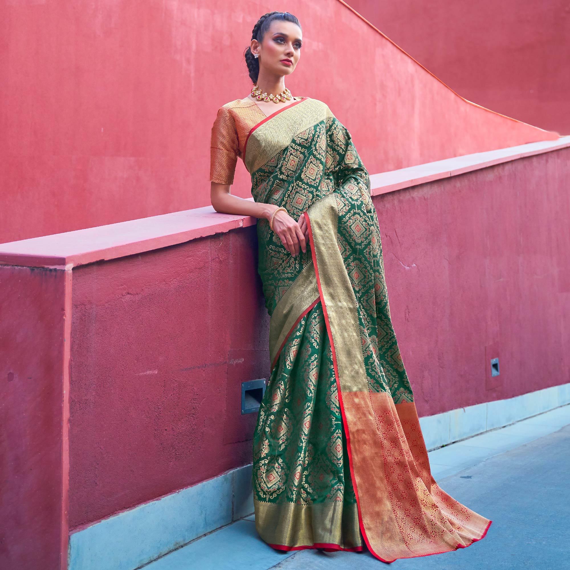 Jazzy Green Colored Festive Wear Woven Silk Saree - Peachmode