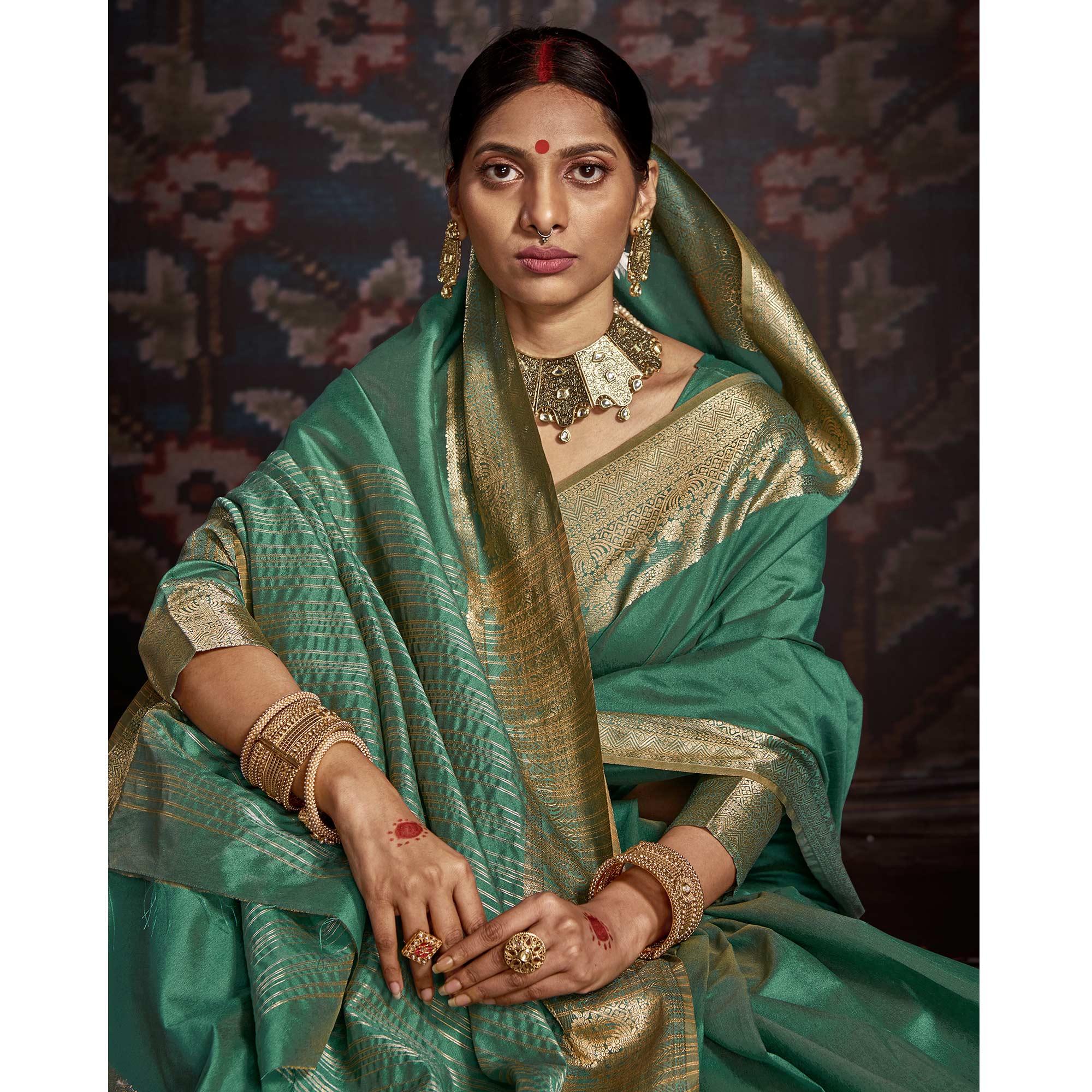Jazzy Green Colored Festive Wear Woven Silk Saree - Peachmode