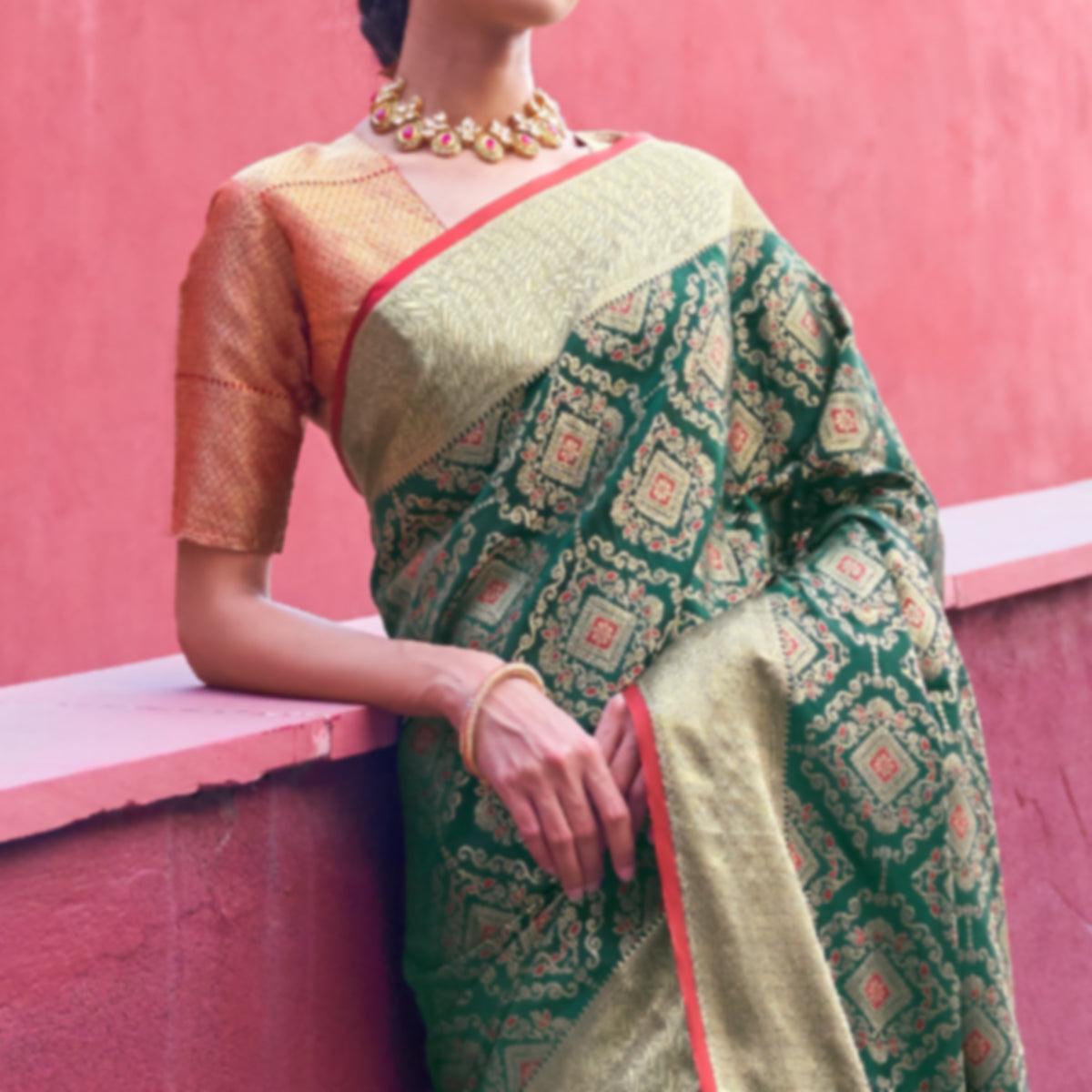 Jazzy Green Colored Festive Wear Woven Silk Saree - Peachmode