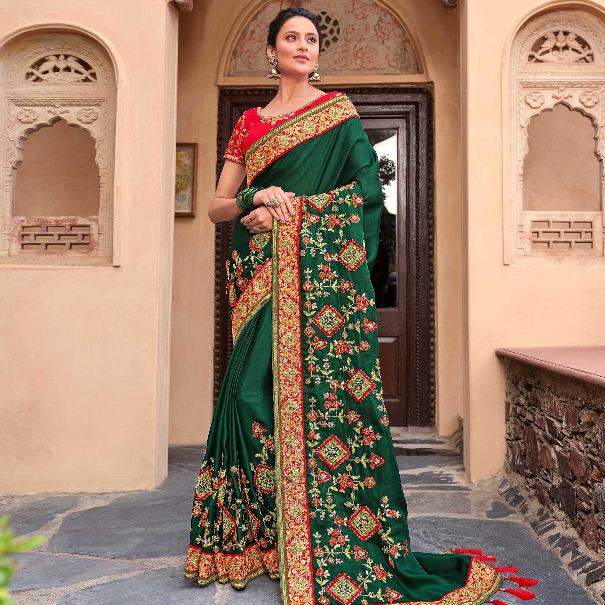 Jazzy Green Colored Partywear Embroidered Satin - Gerogette Saree - Peachmode