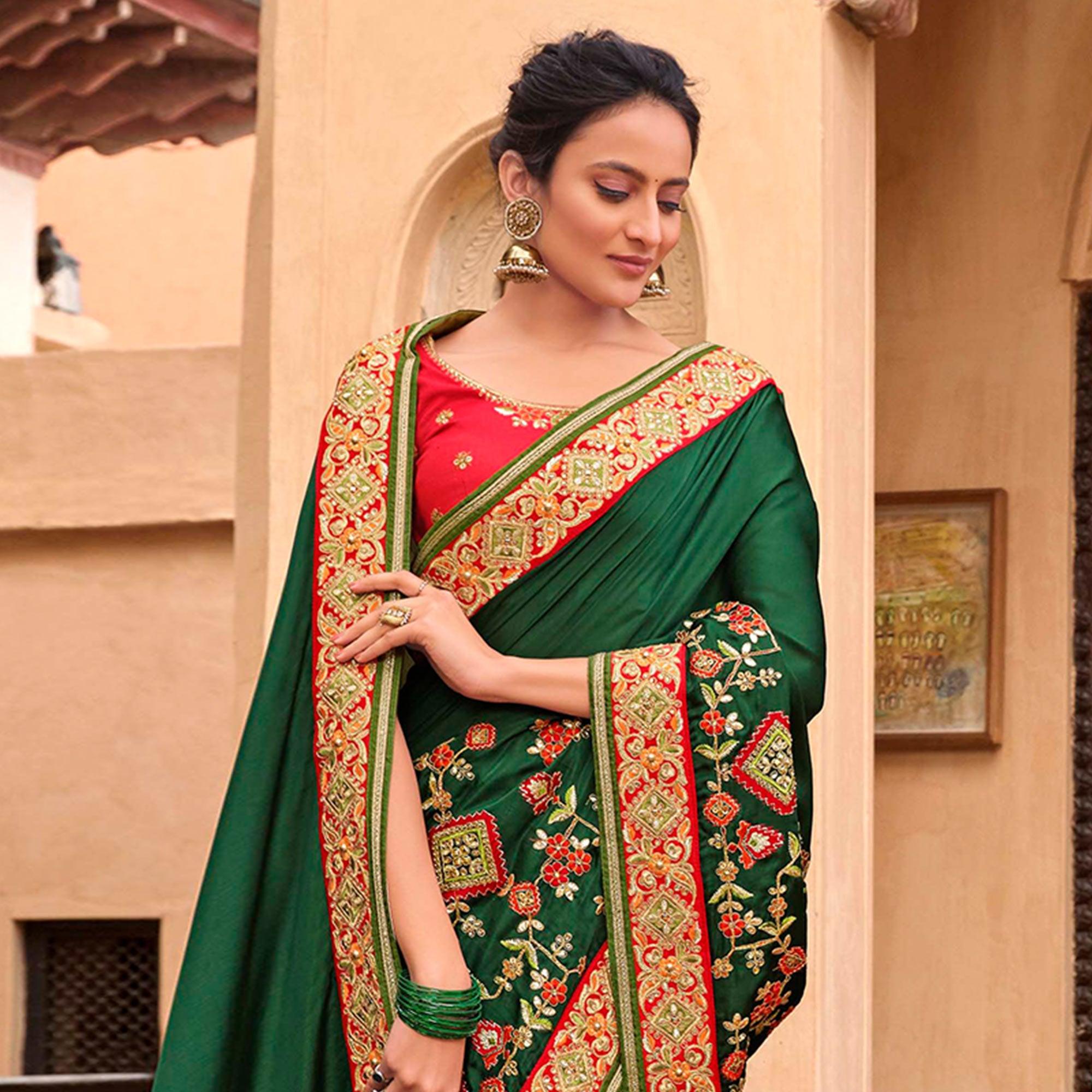 Jazzy Green Colored Partywear Embroidered Satin - Gerogette Saree - Peachmode