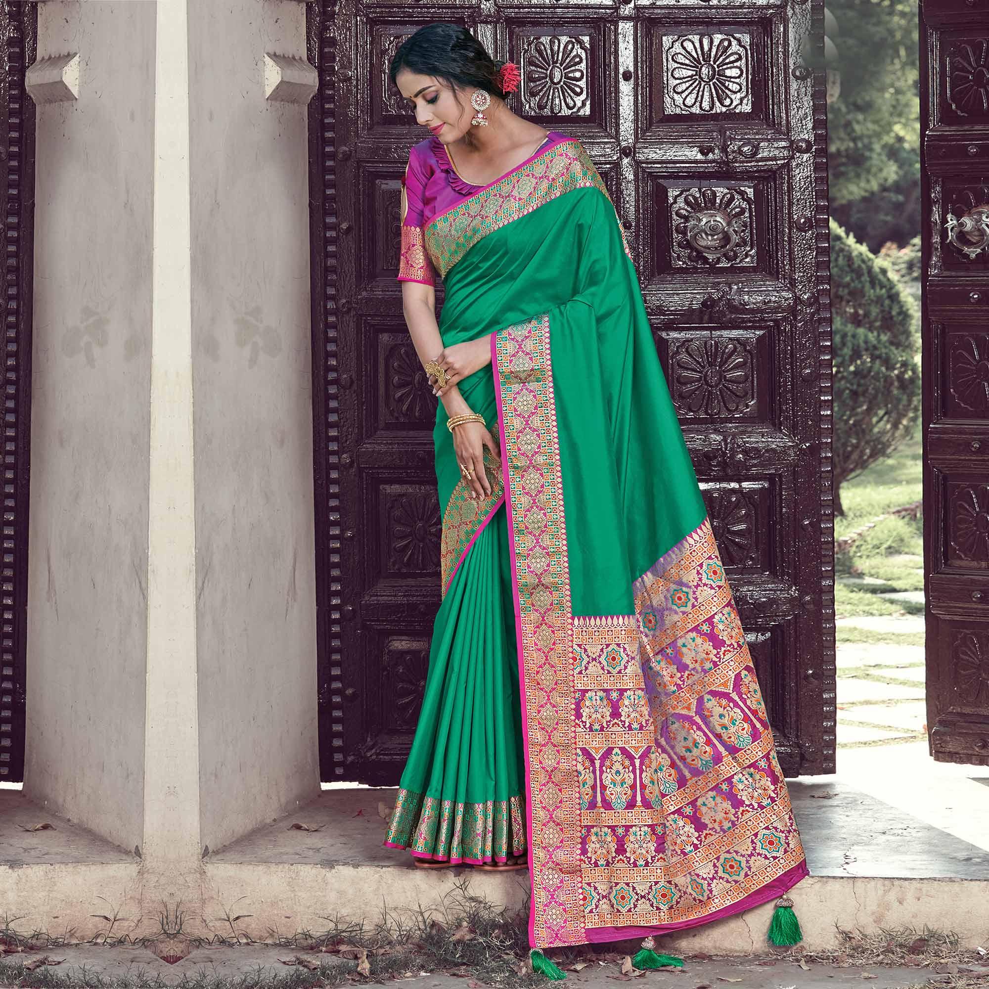 Jazzy Green Coloured Partywear Woven Silk Saree - Peachmode