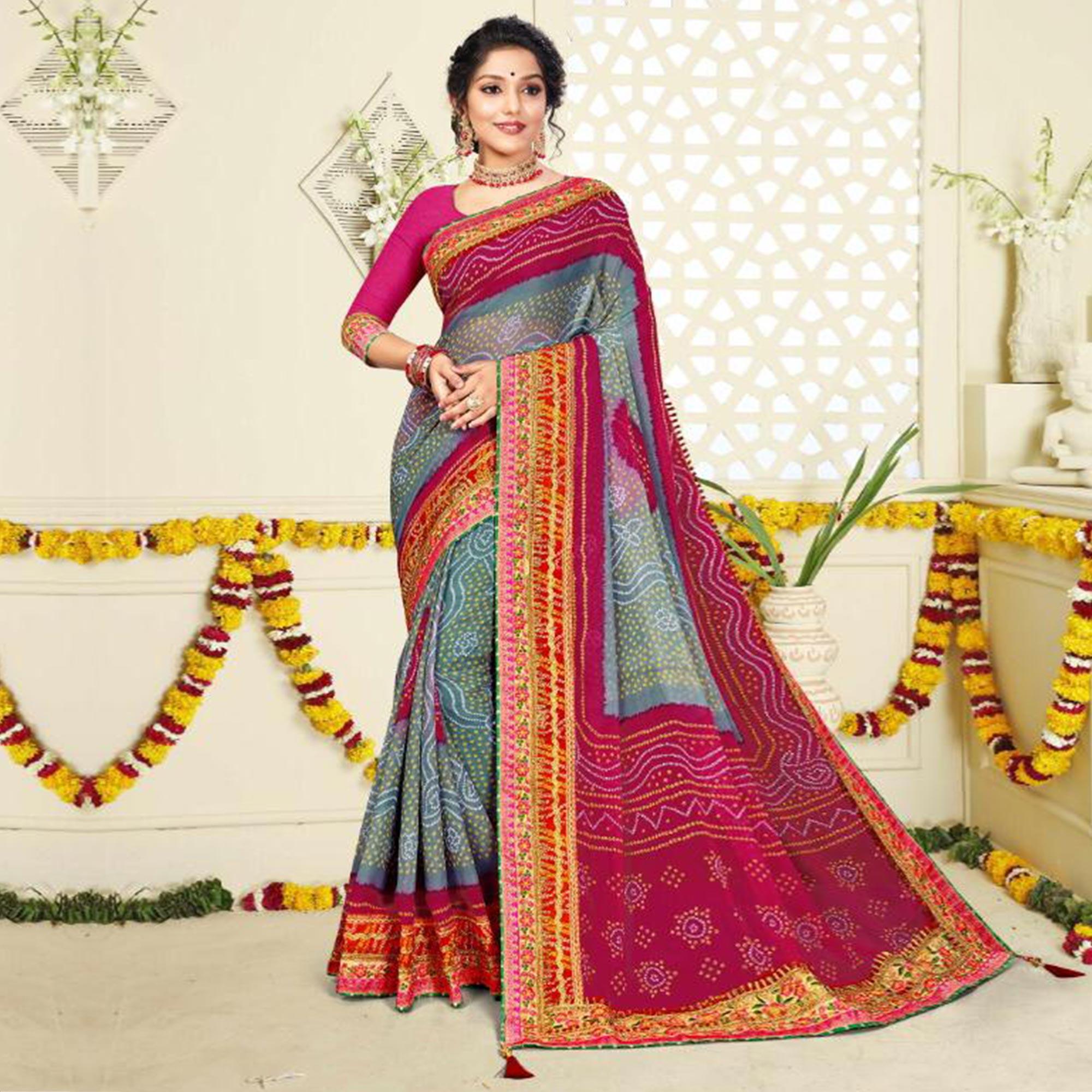 Jazzy Grey and Pink Colored Festive Wear Bandhani Print With Zari Border Work And Latkan Heavy Georgette Saree - Peachmode
