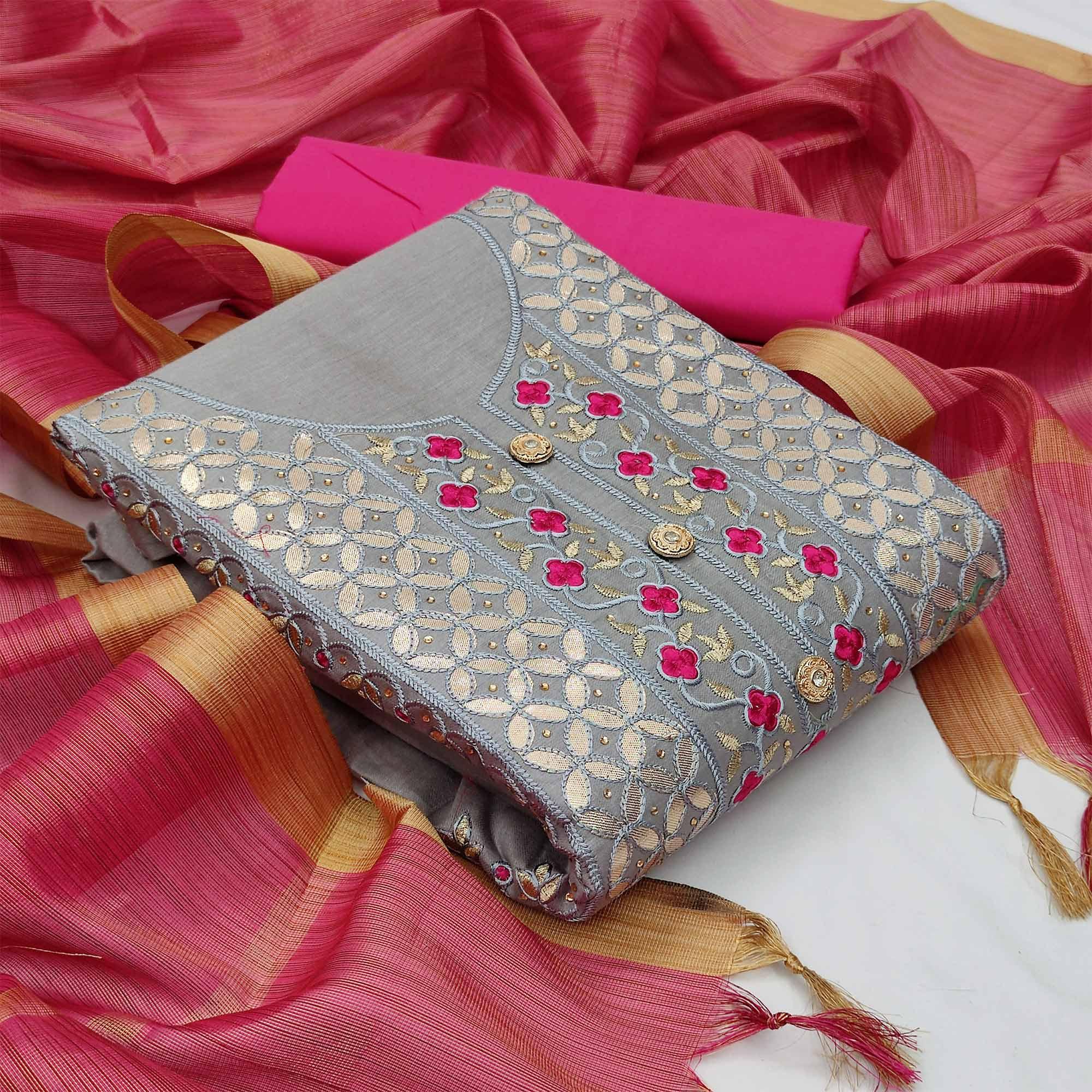 Jazzy Grey Colored Casual Embroidered Cotton Dress Material - Peachmode