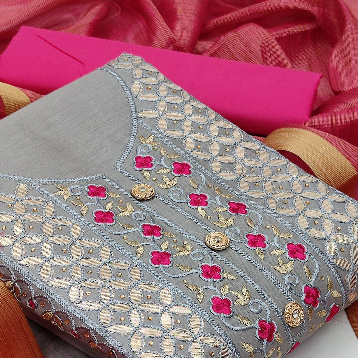 Jazzy Grey Colored Casual Embroidered Cotton Dress Material - Peachmode