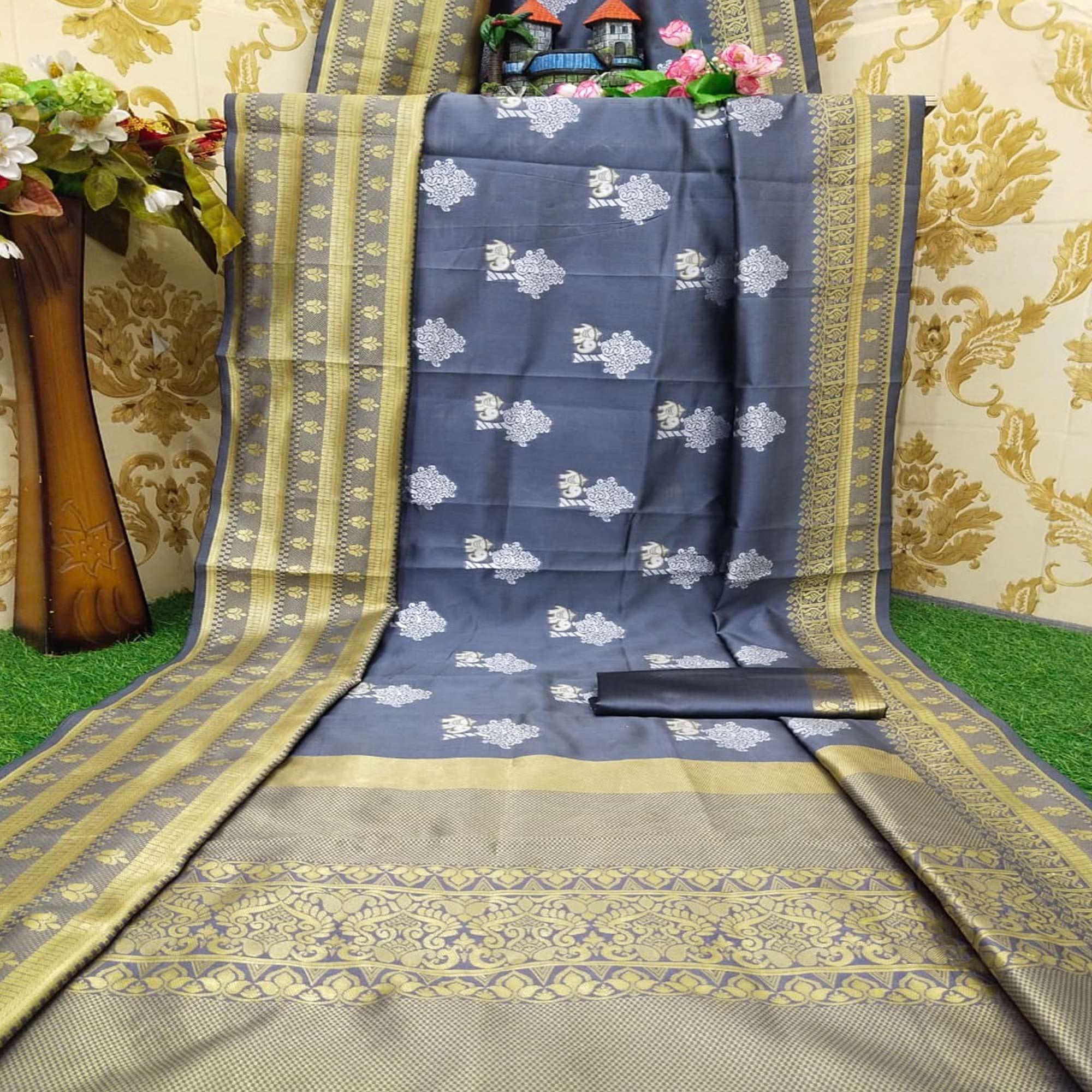 Jazzy Grey Colored Festive Wear Woven Kanchipuram Lichi Silk Saree - Peachmode