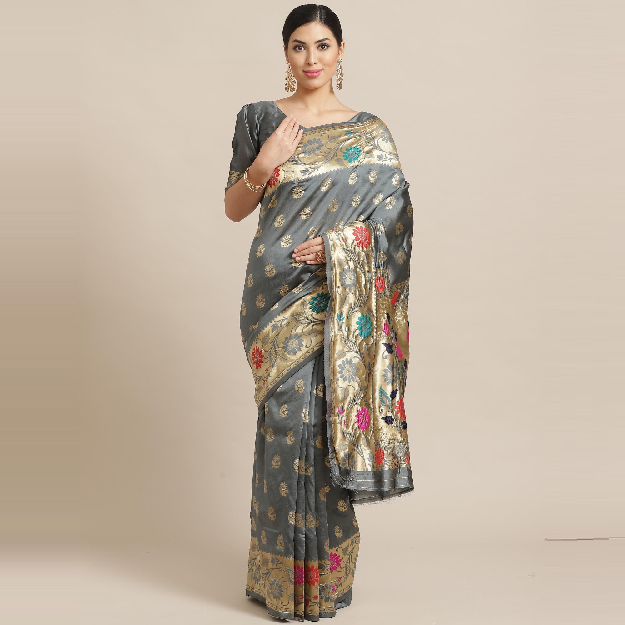 Jazzy Grey Colored Festive Wear Woven Silk Blend Banarasi Saree - Peachmode