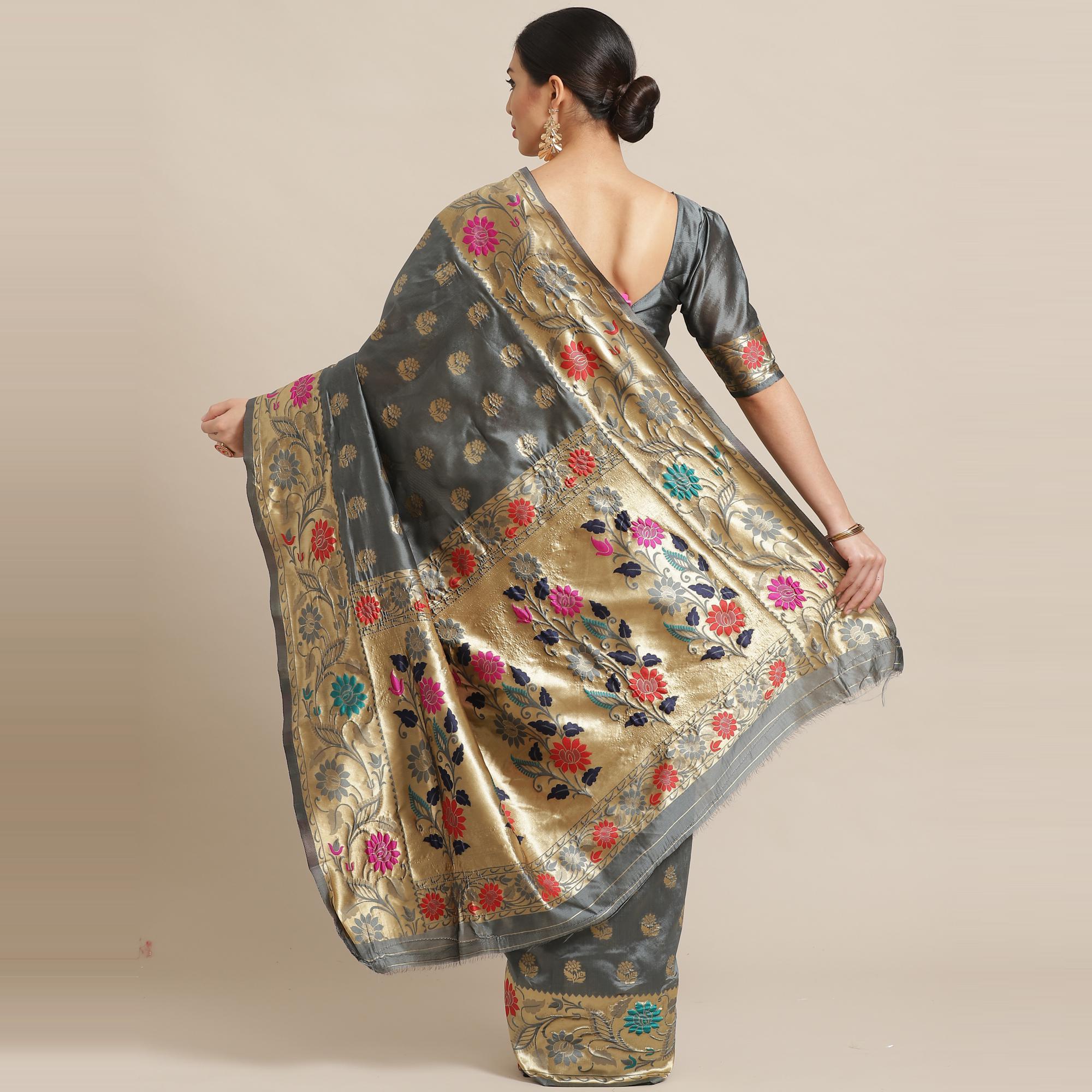 Jazzy Grey Colored Festive Wear Woven Silk Blend Banarasi Saree - Peachmode