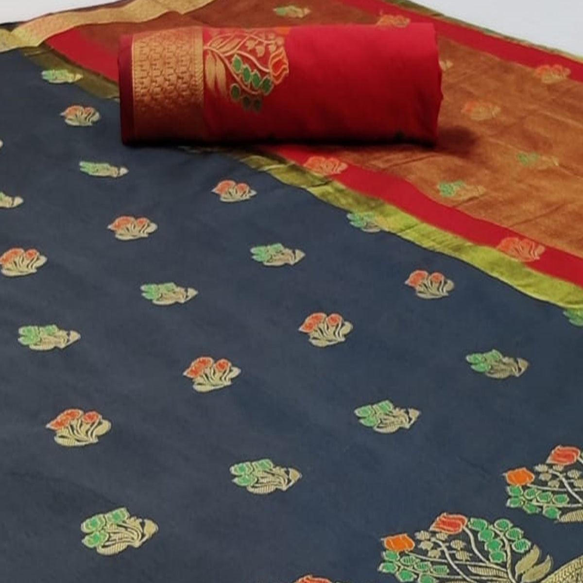 Jazzy Grey Colored Festive Wear Woven Soft Silk Saree - Peachmode