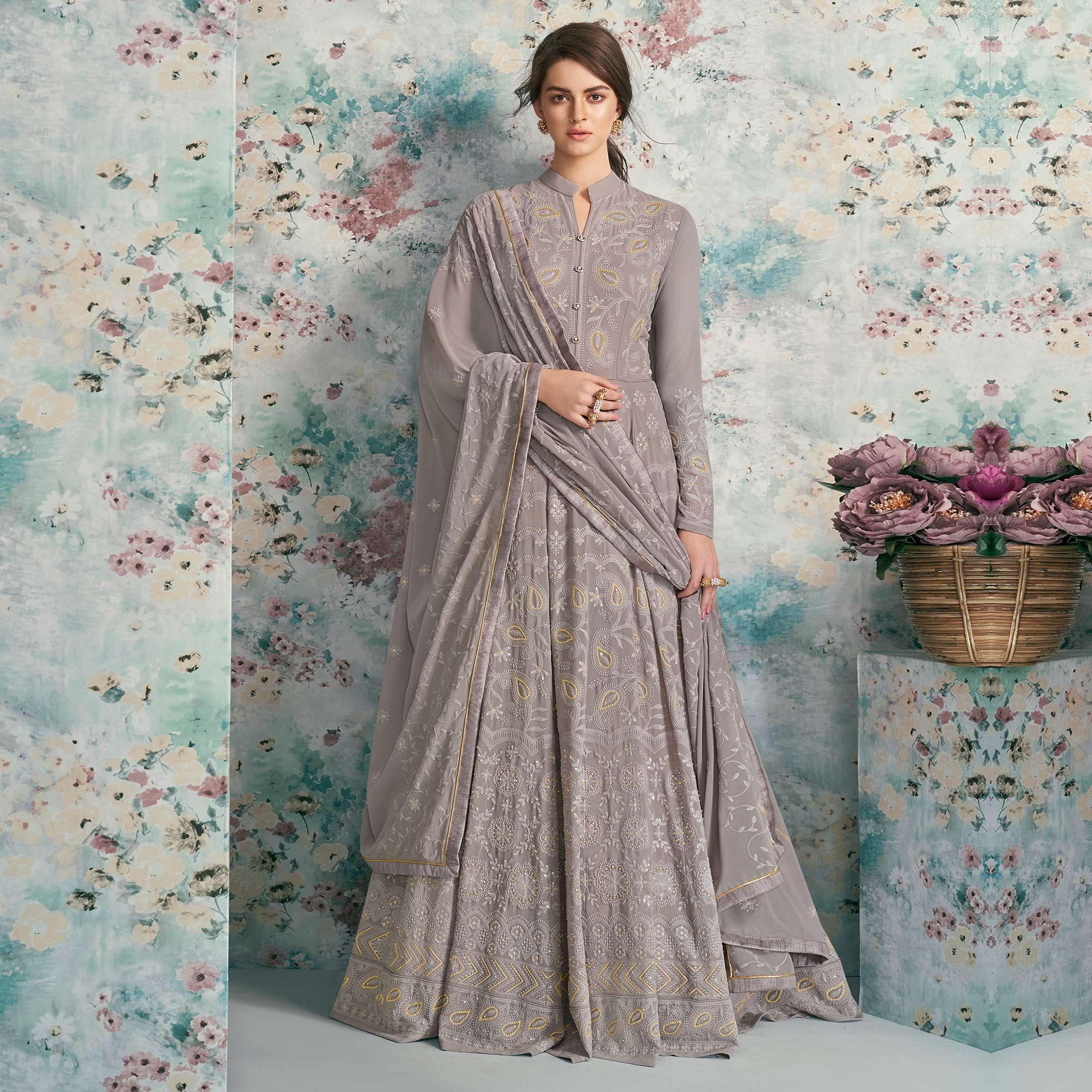 Jazzy Grey Colored Party Wear Embroidered Heavy Faux Georgette Anarkali Suit - Peachmode
