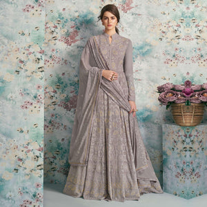 Jazzy Grey Colored Party Wear Embroidered Heavy Faux Georgette Anarkali Suit - Peachmode