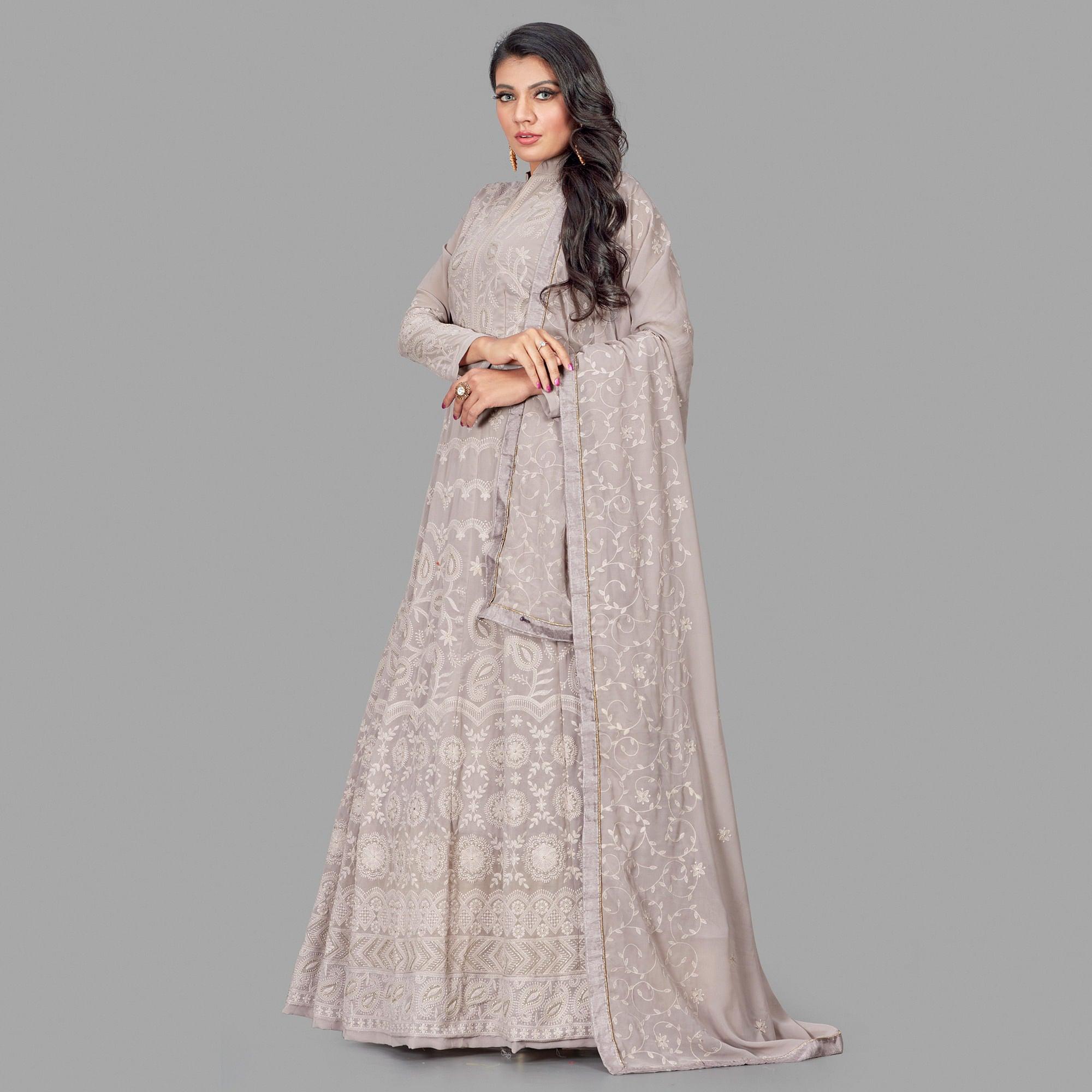 Jazzy Grey Colored Party Wear Embroidered Heavy Faux Georgette Anarkali Suit - Peachmode