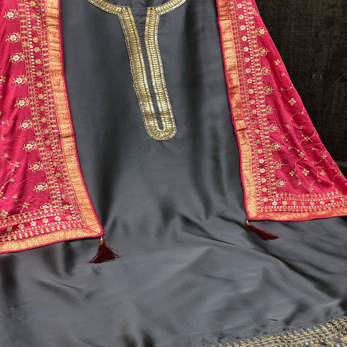 Jazzy Grey Colored Partywear Embroidered Satin Georgette Palazzo Suit - Peachmode