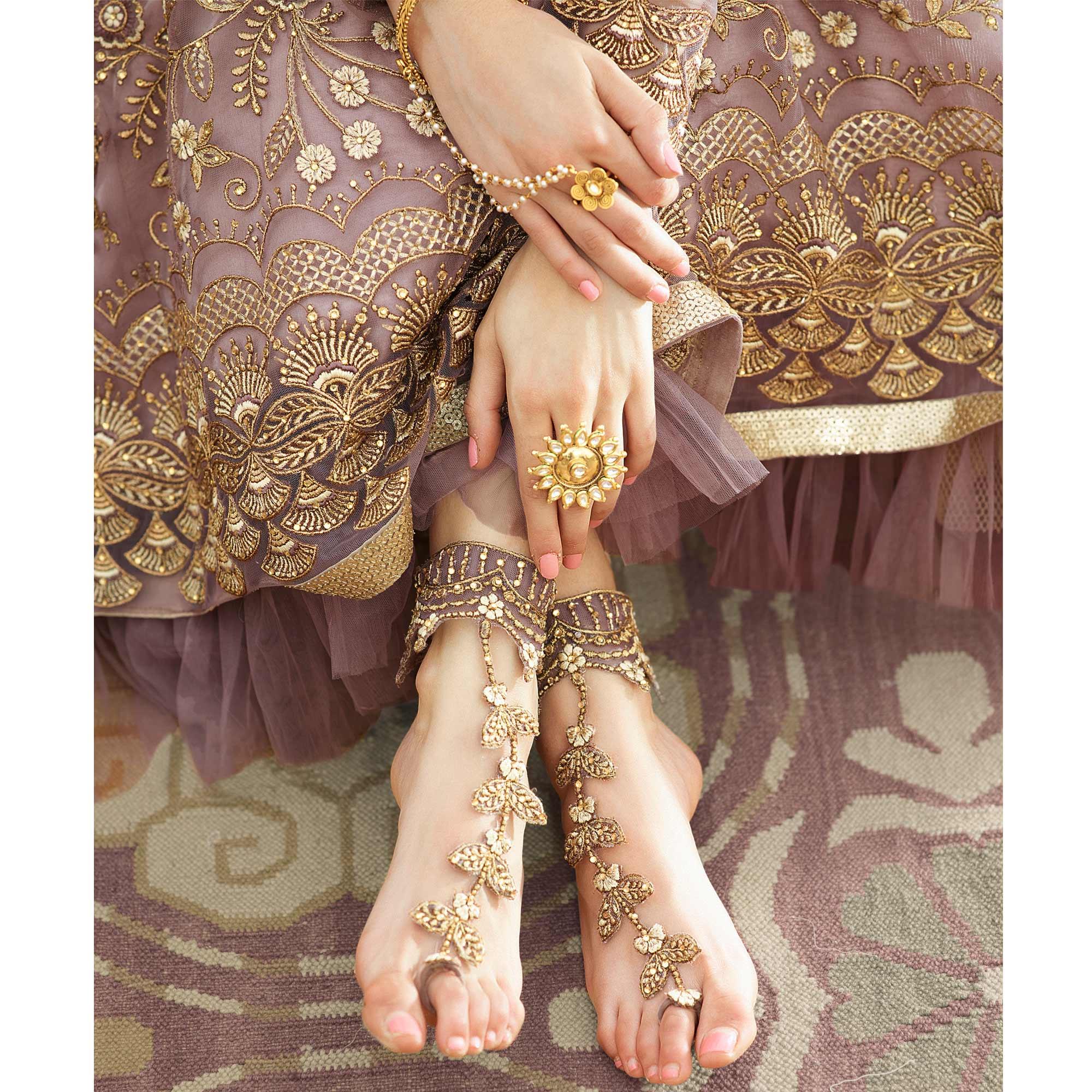 Jazzy Mauve Coloured Partywear Embroidered Net Anarkali Suit - Peachmode
