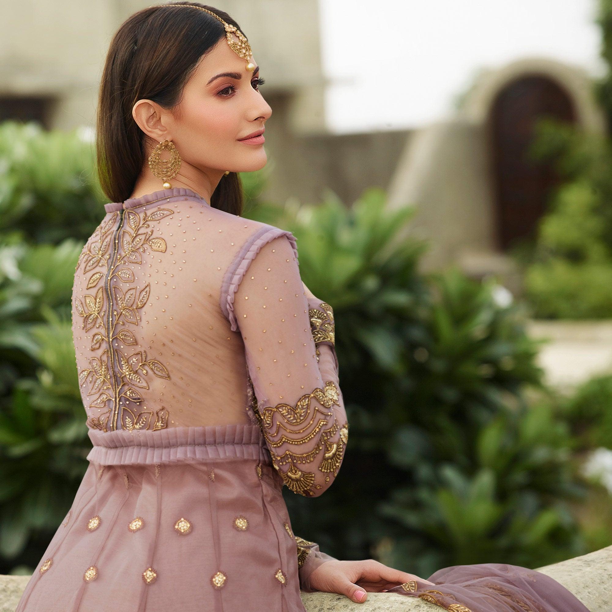 Jazzy Mauve Coloured Partywear Embroidered Net Anarkali Suit - Peachmode