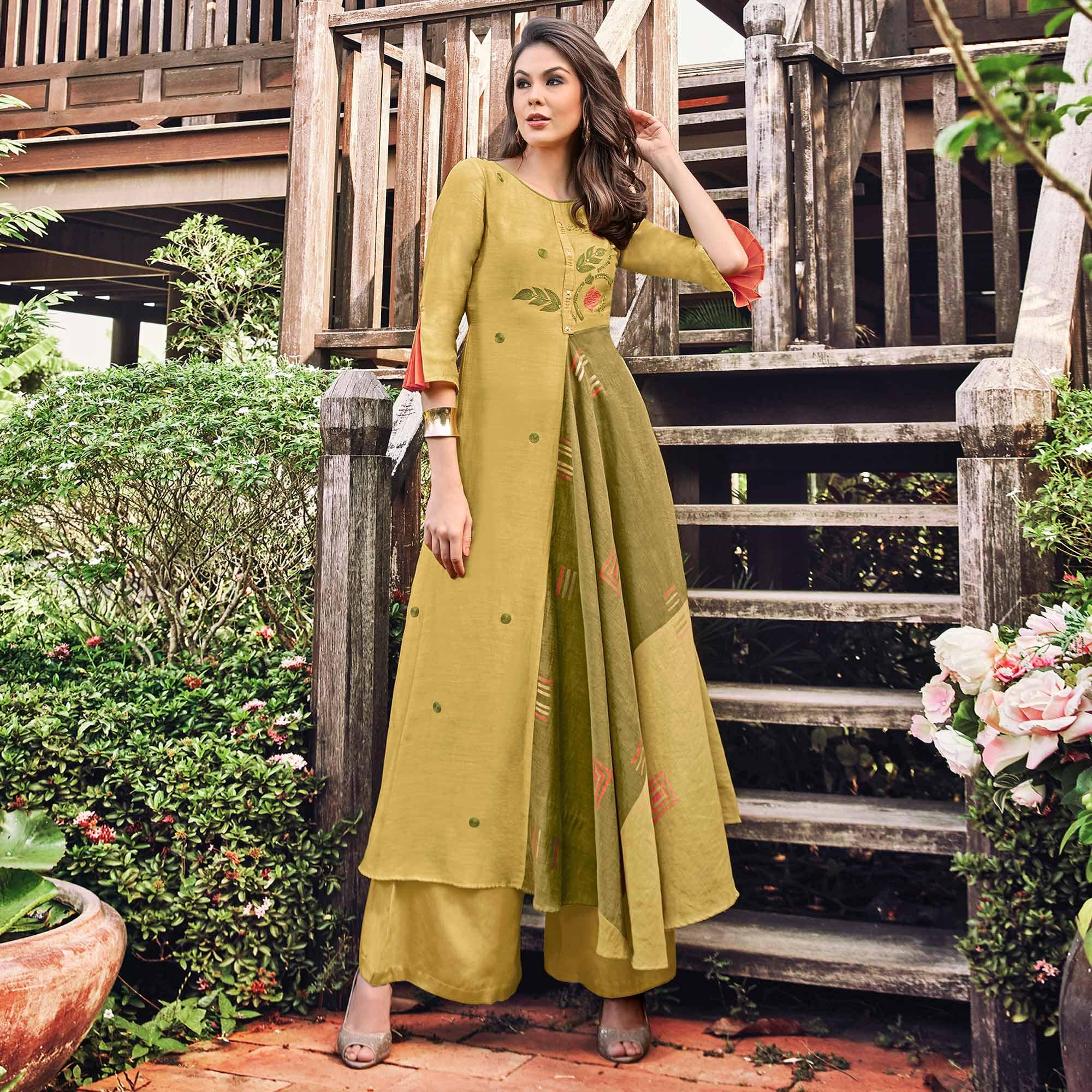 Jazzy Mehndi Green Colored Party Wear Printed Modal-Jacquard Long Kurti - Peachmode