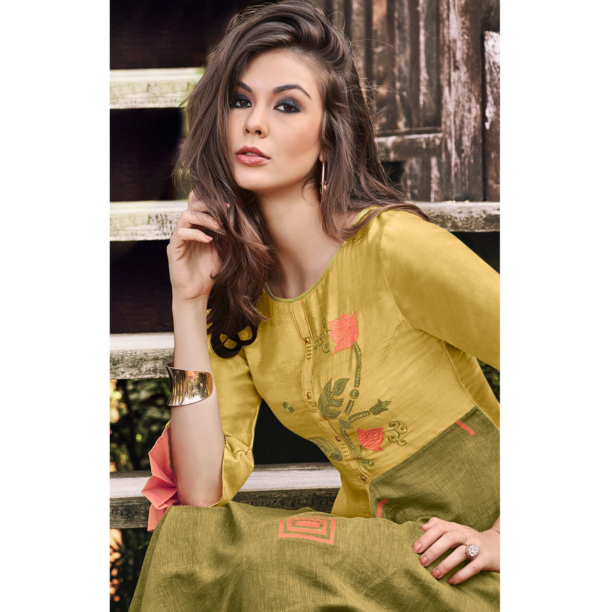 Jazzy Mehndi Green Colored Party Wear Printed Modal-Jacquard Long Kurti - Peachmode