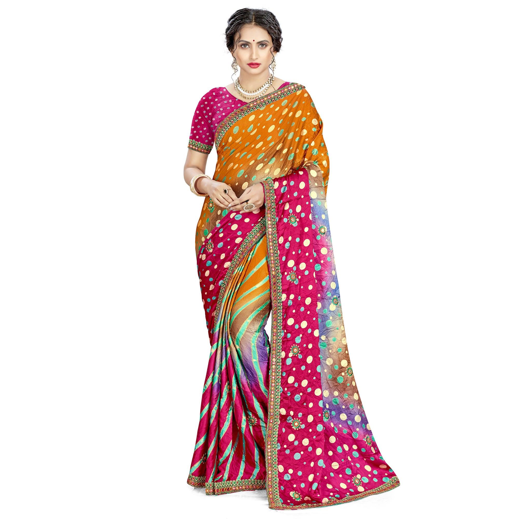 Jazzy Mustard - Pink Colored Casual Wear Printed Satin Saree - Peachmode