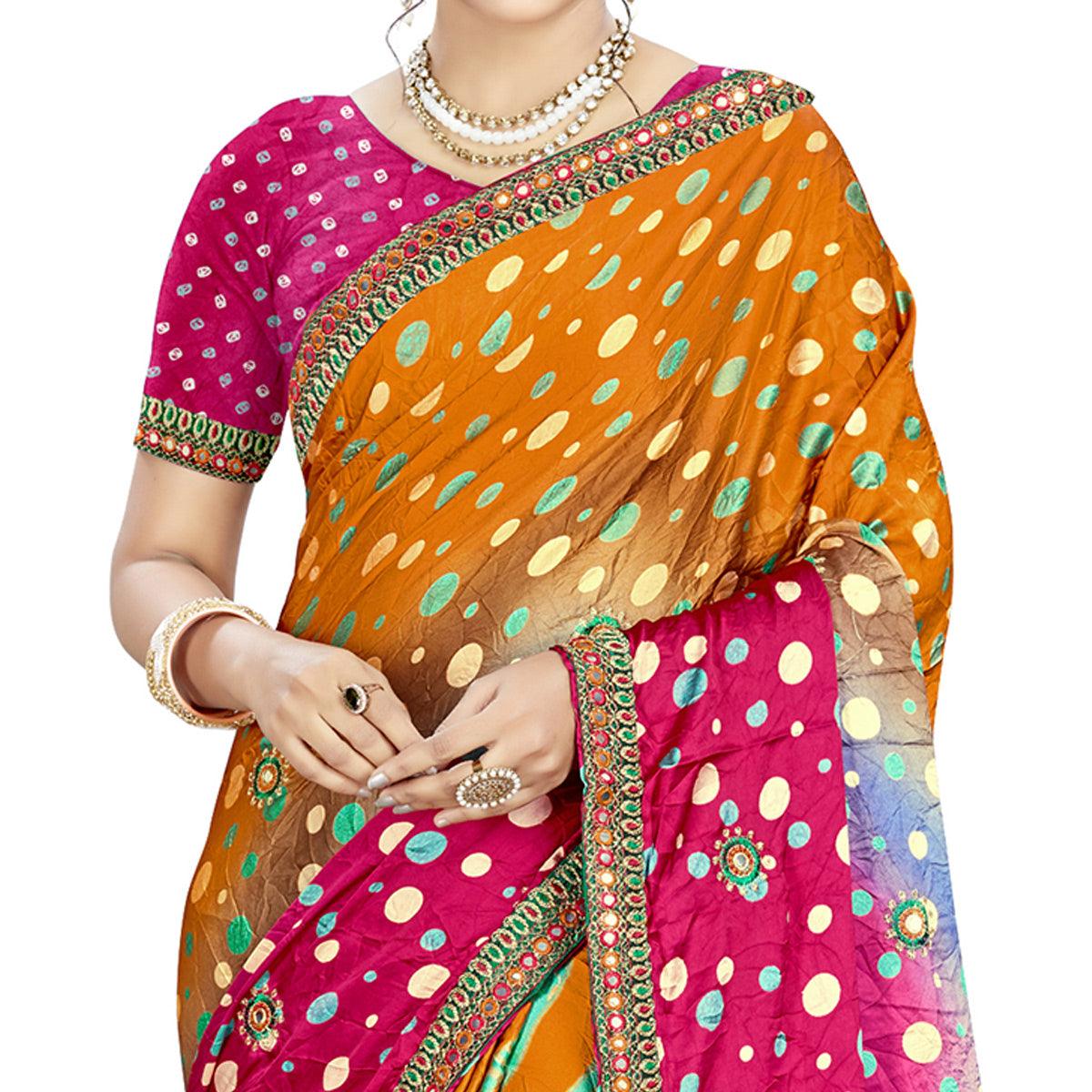 Jazzy Mustard - Pink Colored Casual Wear Printed Satin Saree - Peachmode