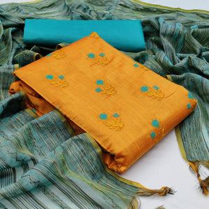 Jazzy Mustard Yellow Colored Casual Wear Embroidered Banarasi Cotton Dress Material - Peachmode