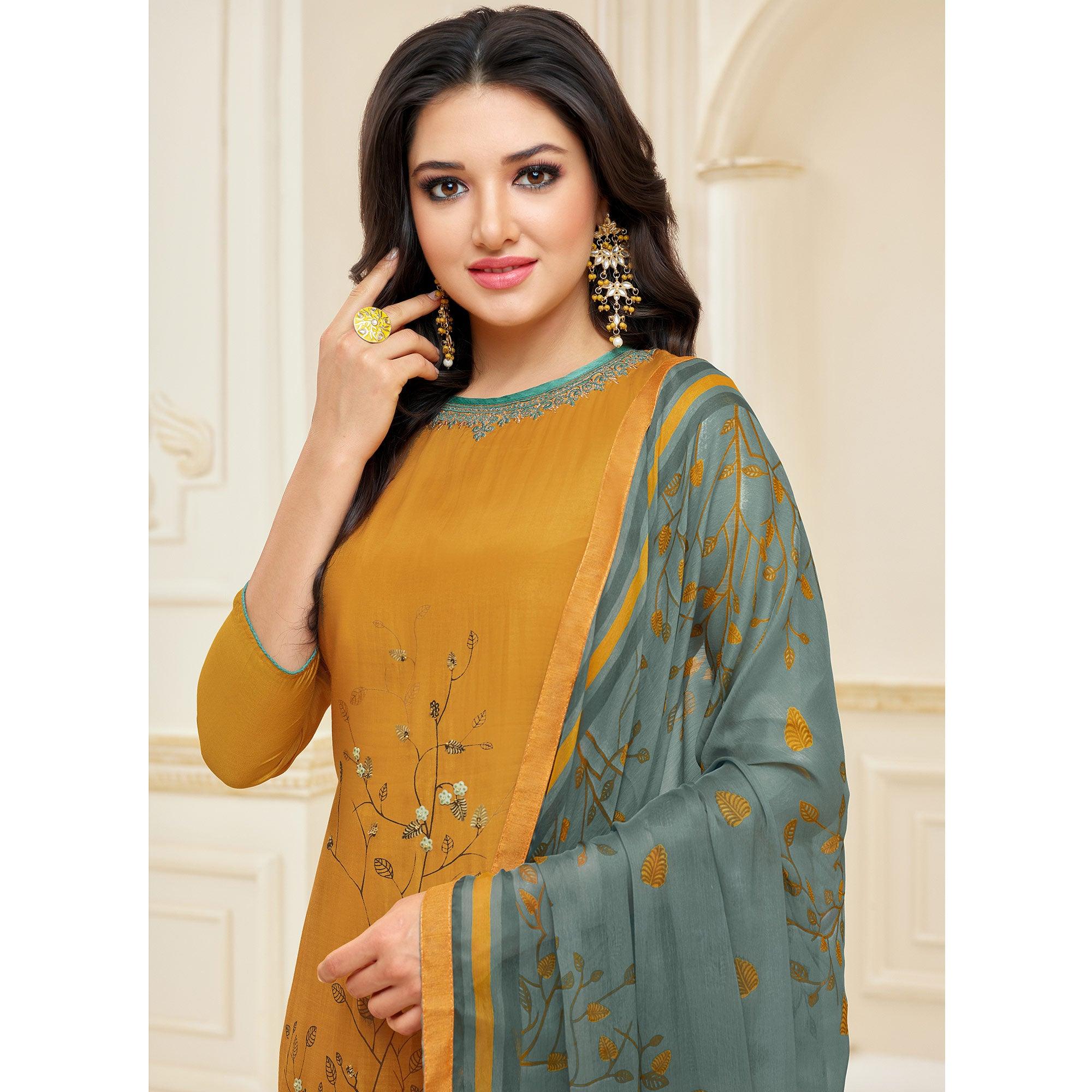 Jazzy Mustard Yellow Colored Casual Wear Embroidered Chanderi Dress Material - Peachmode